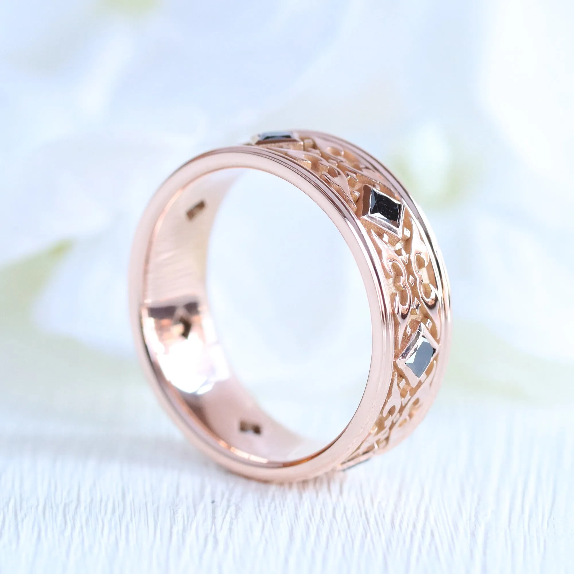 Princess Cut Black Diamond Ring in Gold Celtic Knot Wedding Band