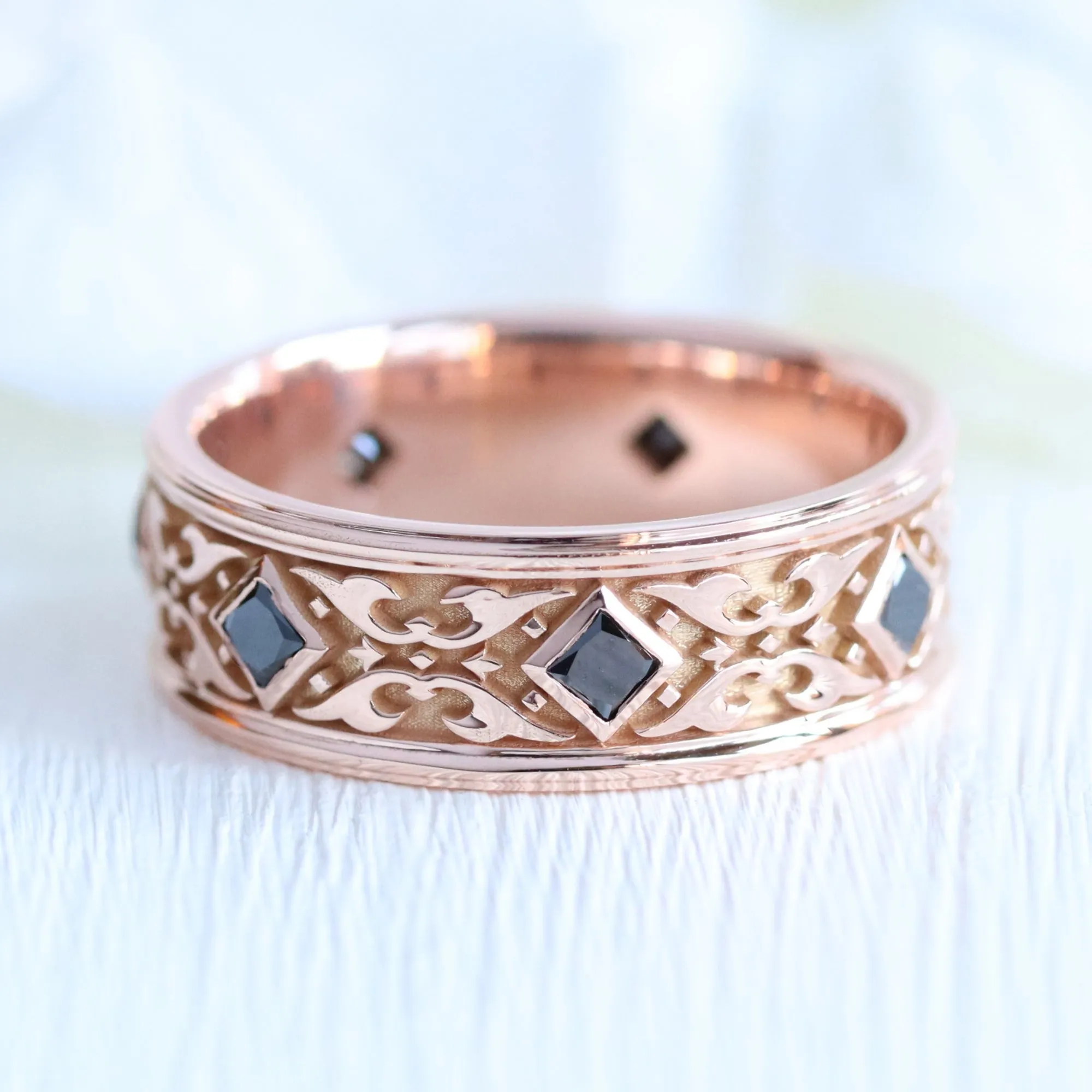 Princess Cut Black Diamond Ring in Gold Celtic Knot Wedding Band