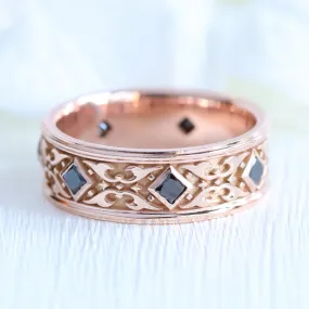 Princess Cut Black Diamond Ring in Gold Celtic Knot Wedding Band