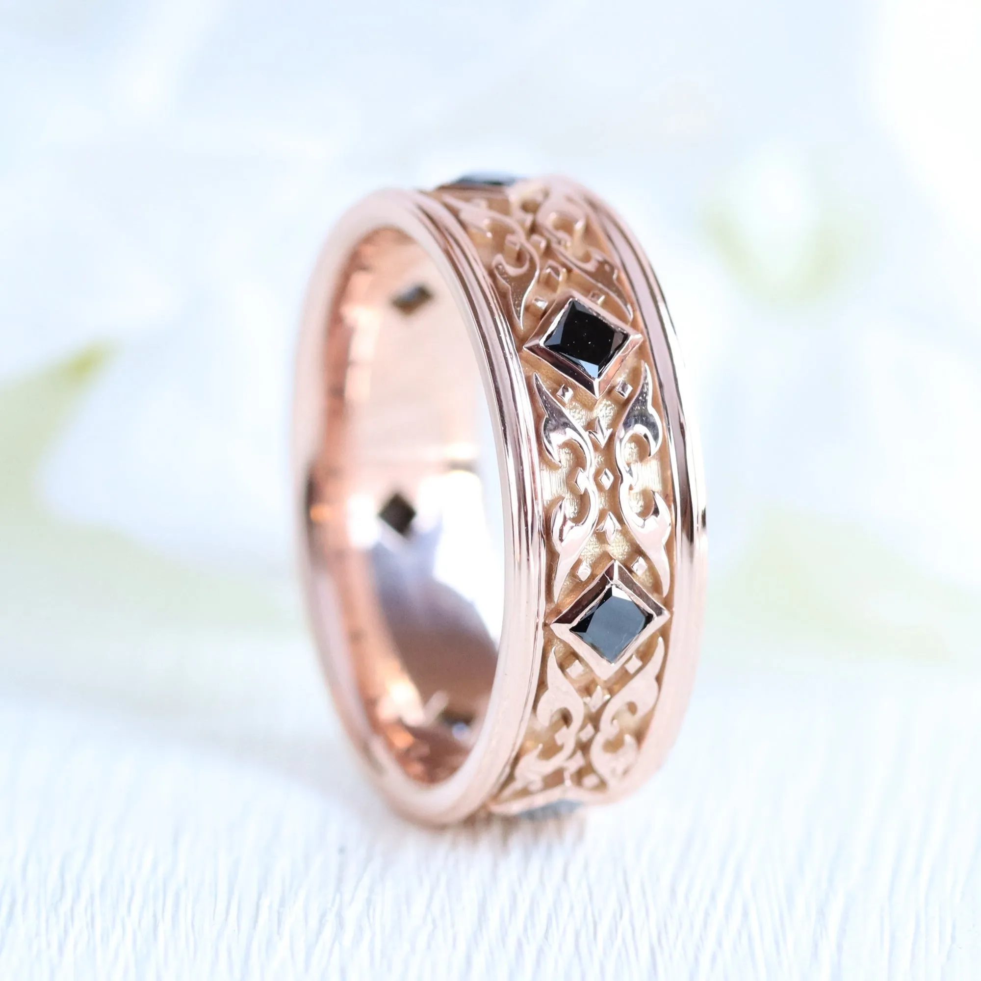 Princess Cut Black Diamond Ring in Gold Celtic Knot Wedding Band
