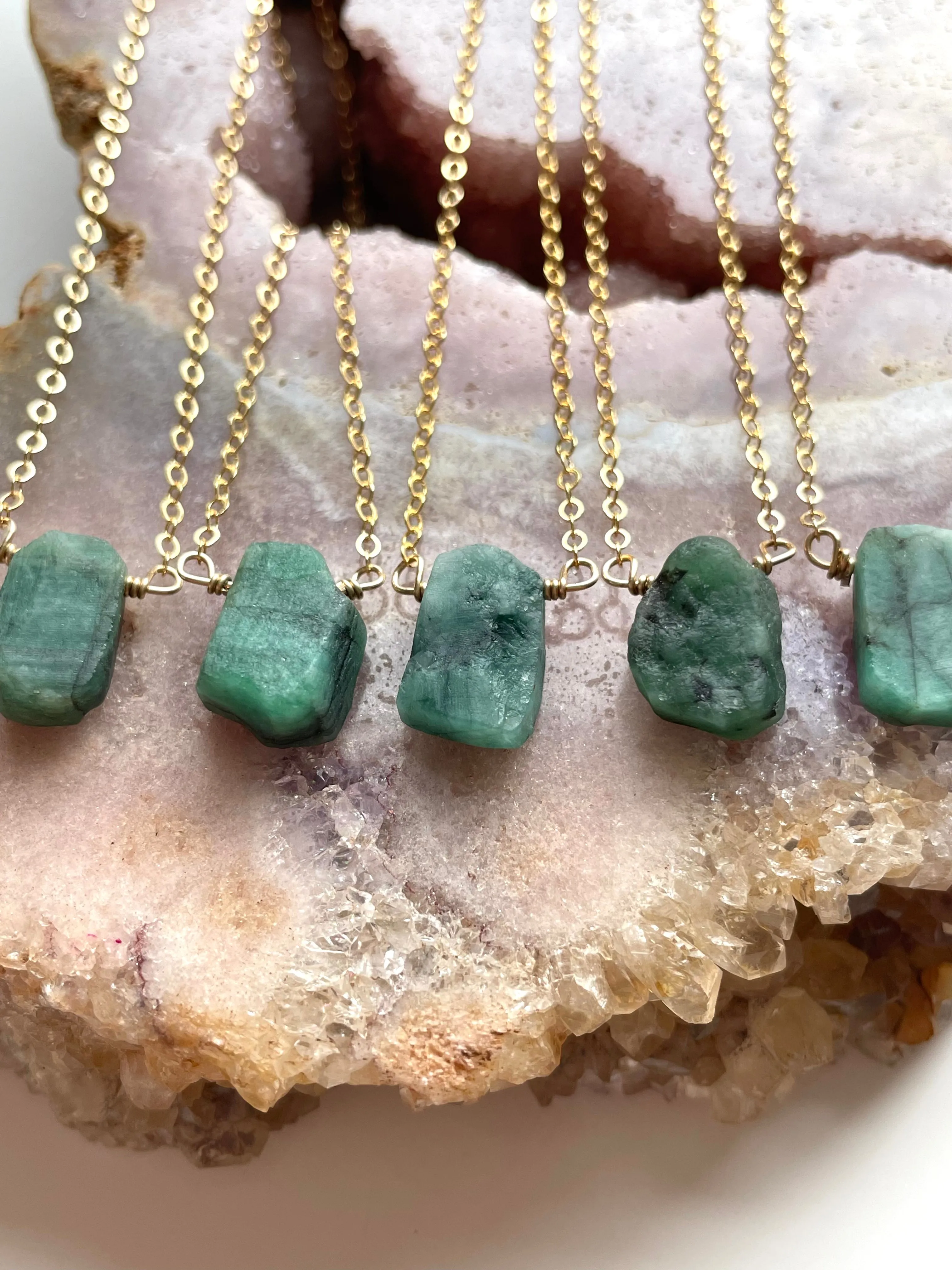 Raw  Emerald Pendant Necklace 14k Gold Filled or Sterling Silver Chain