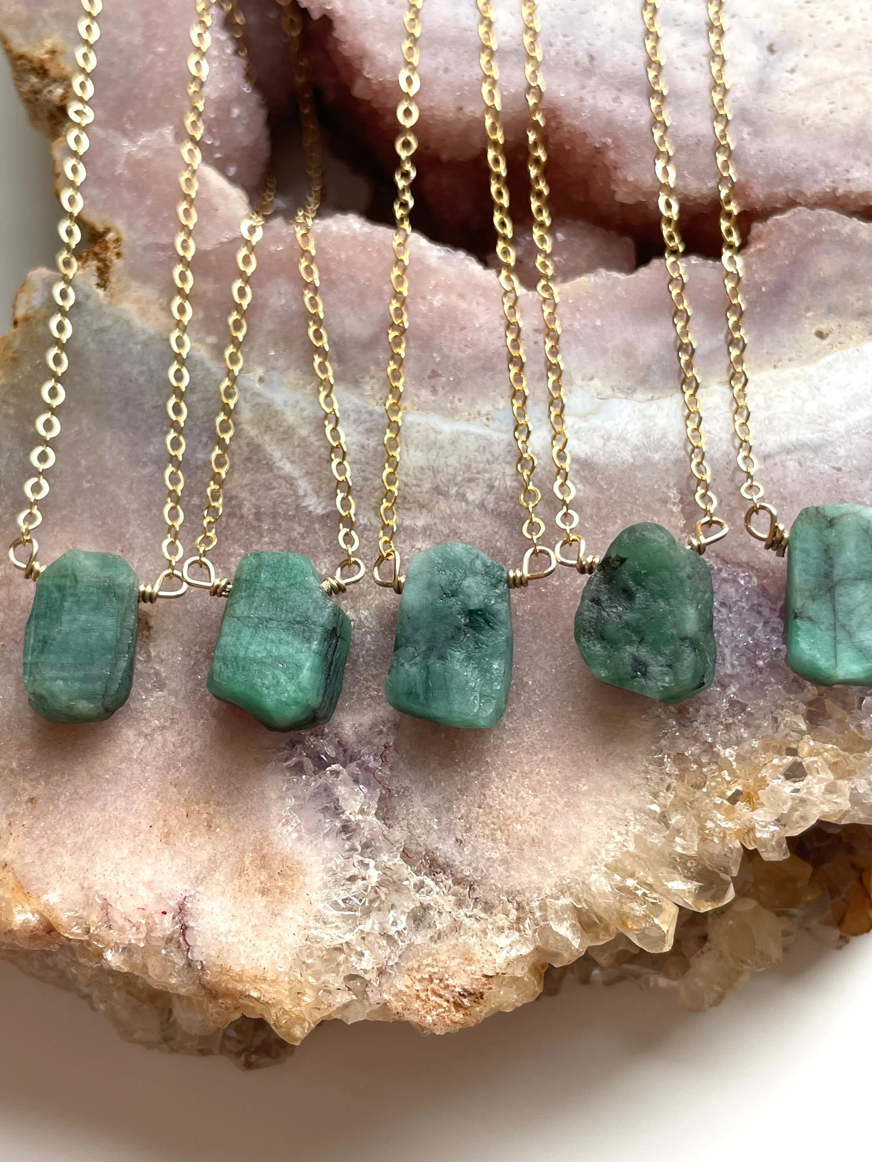 Raw  Emerald Pendant Necklace 14k Gold Filled or Sterling Silver Chain