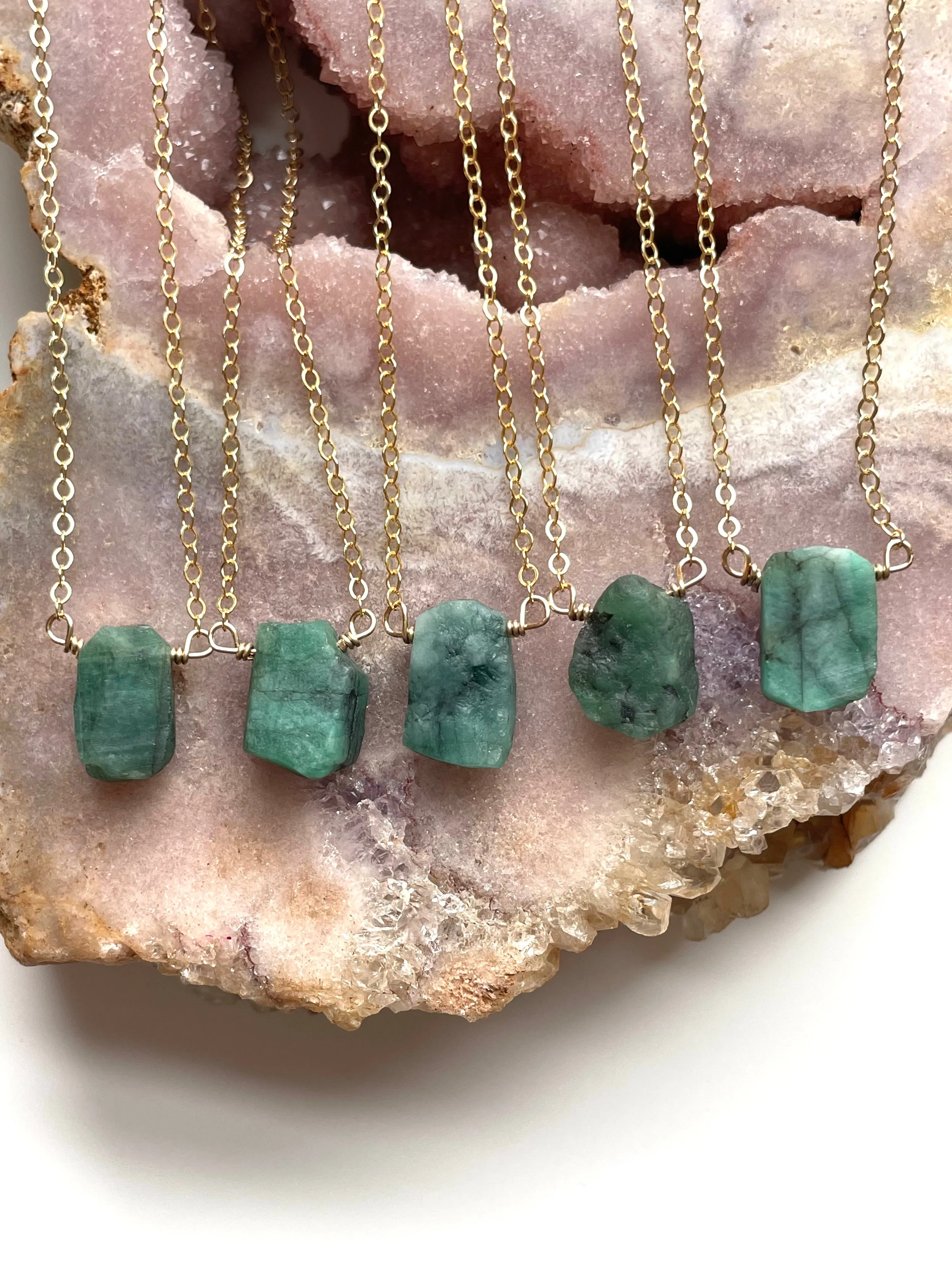 Raw  Emerald Pendant Necklace 14k Gold Filled or Sterling Silver Chain