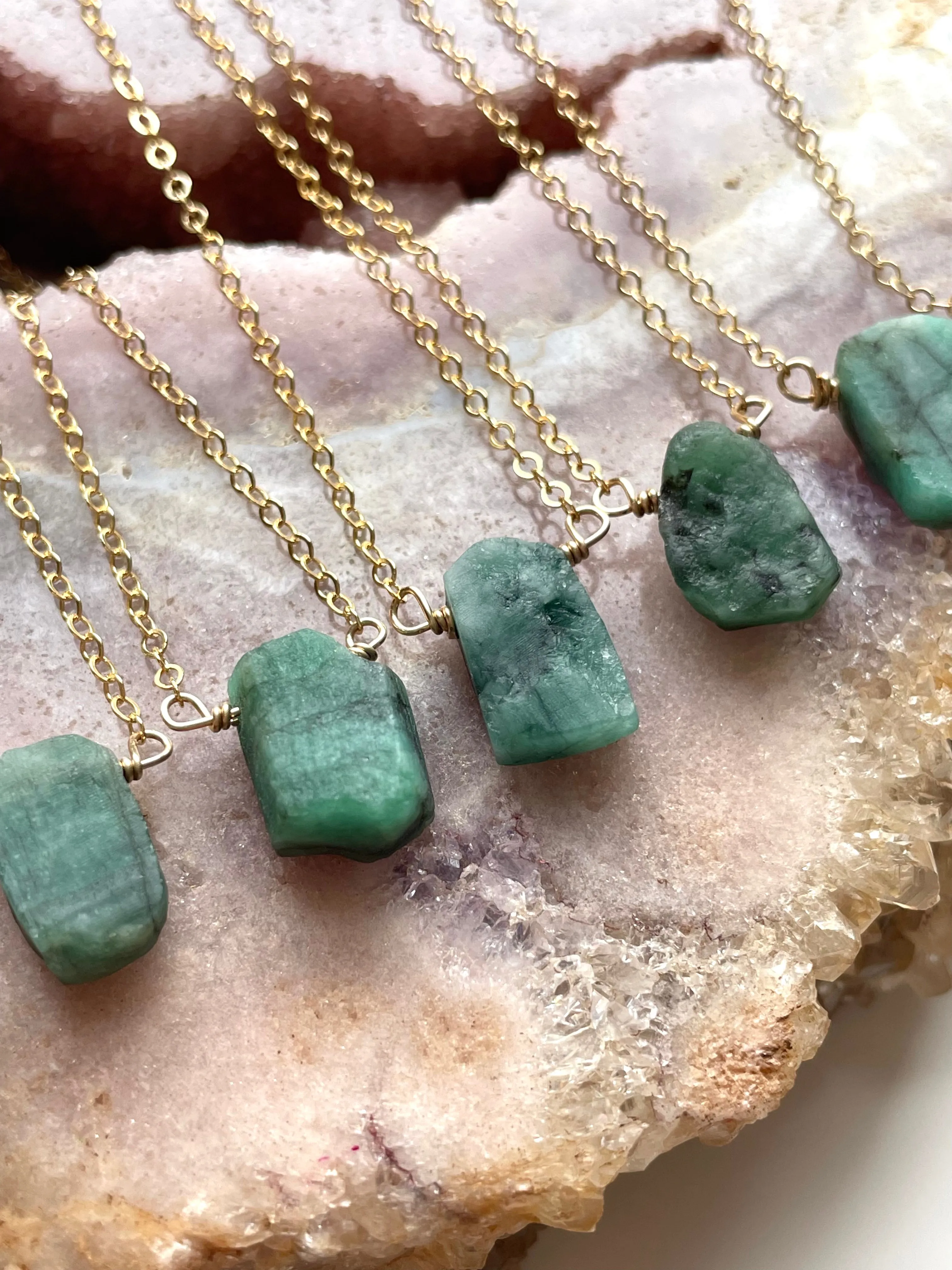 Raw  Emerald Pendant Necklace 14k Gold Filled or Sterling Silver Chain