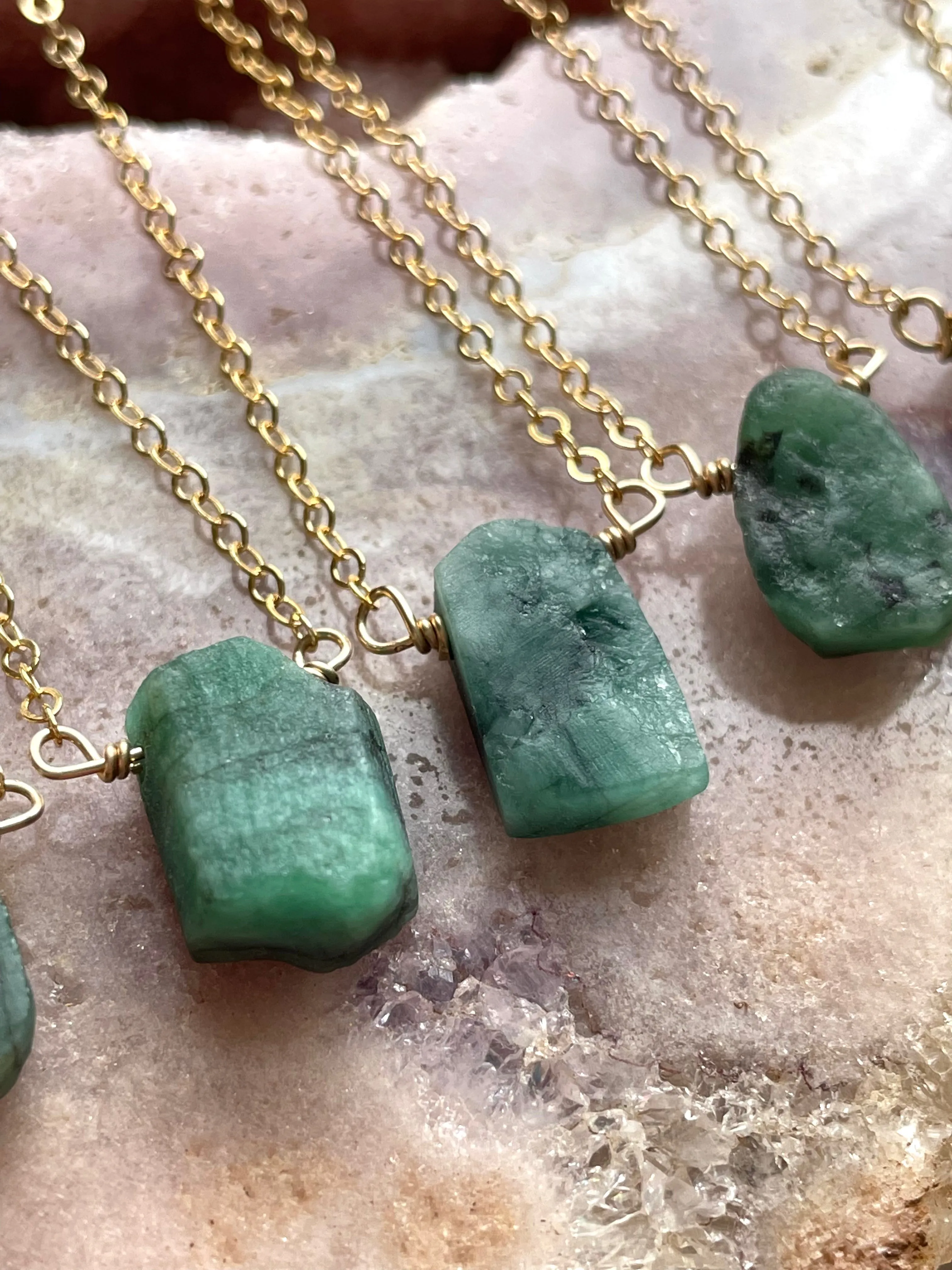 Raw  Emerald Pendant Necklace 14k Gold Filled or Sterling Silver Chain