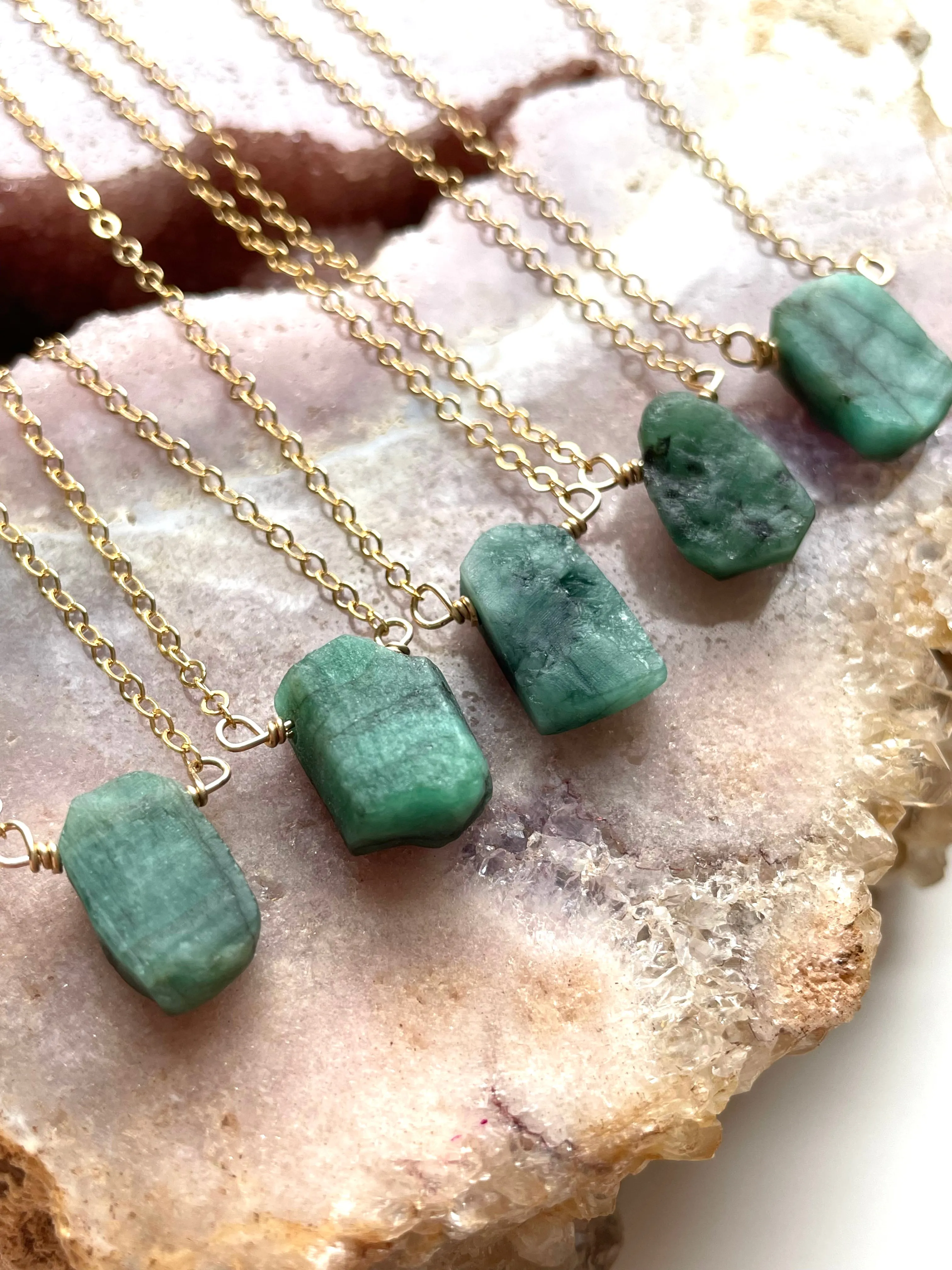 Raw  Emerald Pendant Necklace 14k Gold Filled or Sterling Silver Chain