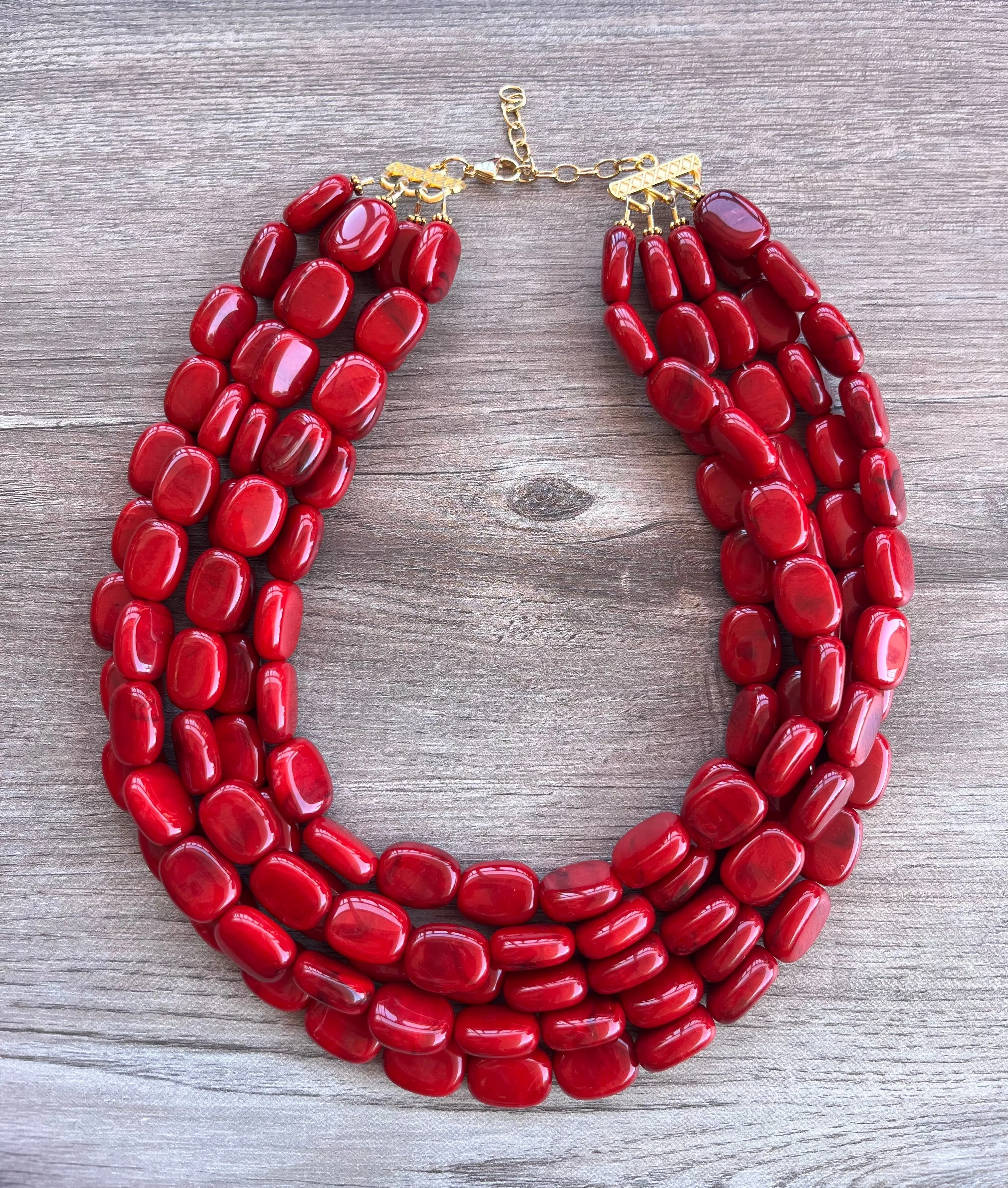 Red Beaded Lucite Big Chunky Multi Strand Statement Necklace - Lauren