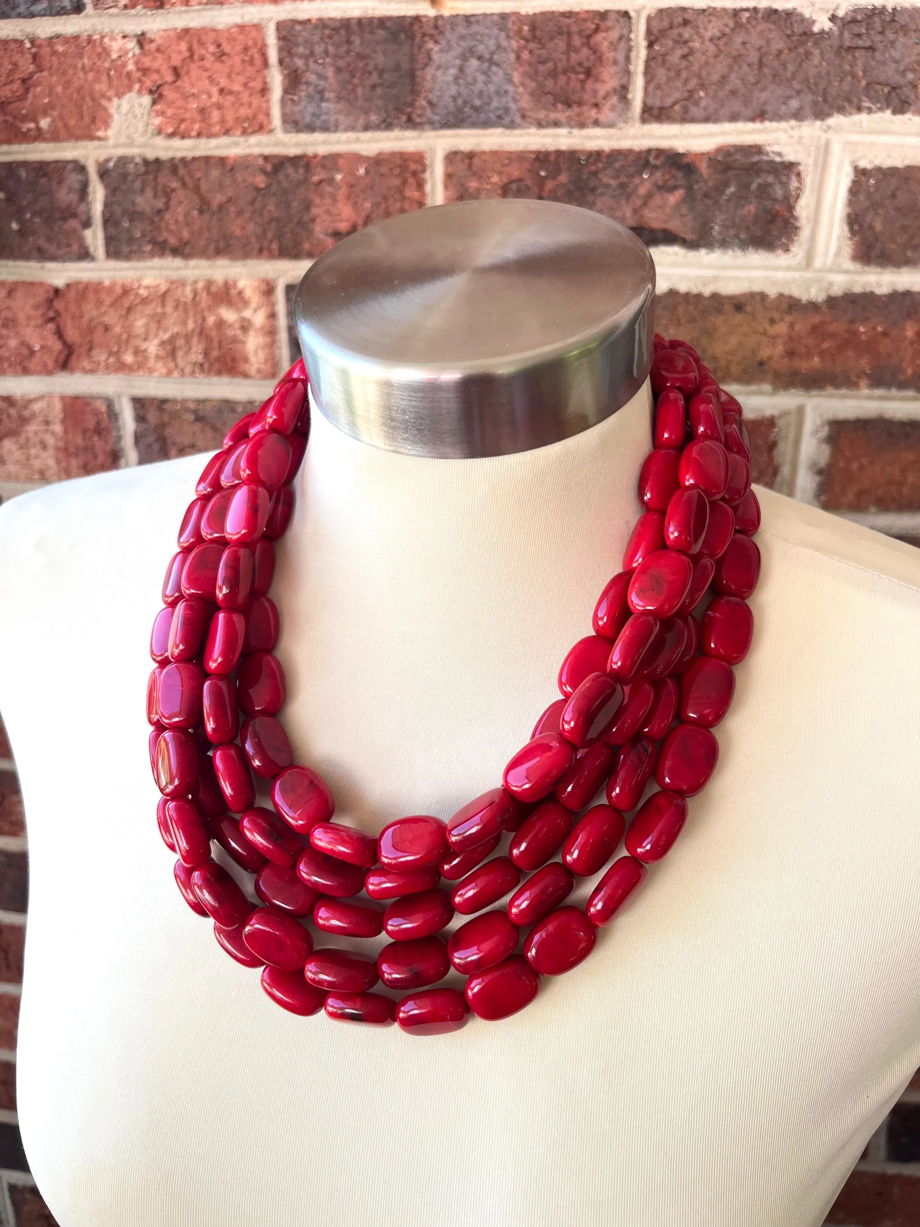 Red Beaded Lucite Big Chunky Multi Strand Statement Necklace - Lauren