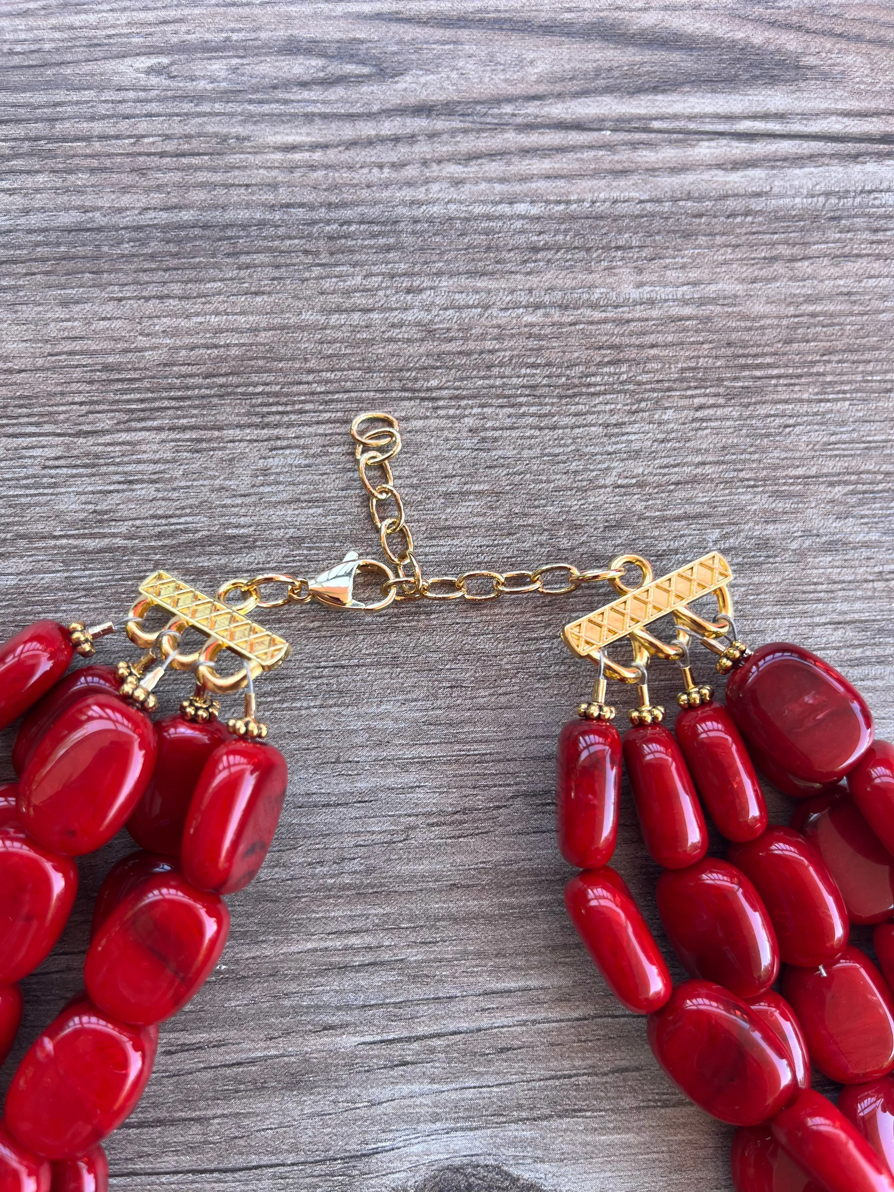 Red Beaded Lucite Big Chunky Multi Strand Statement Necklace - Lauren