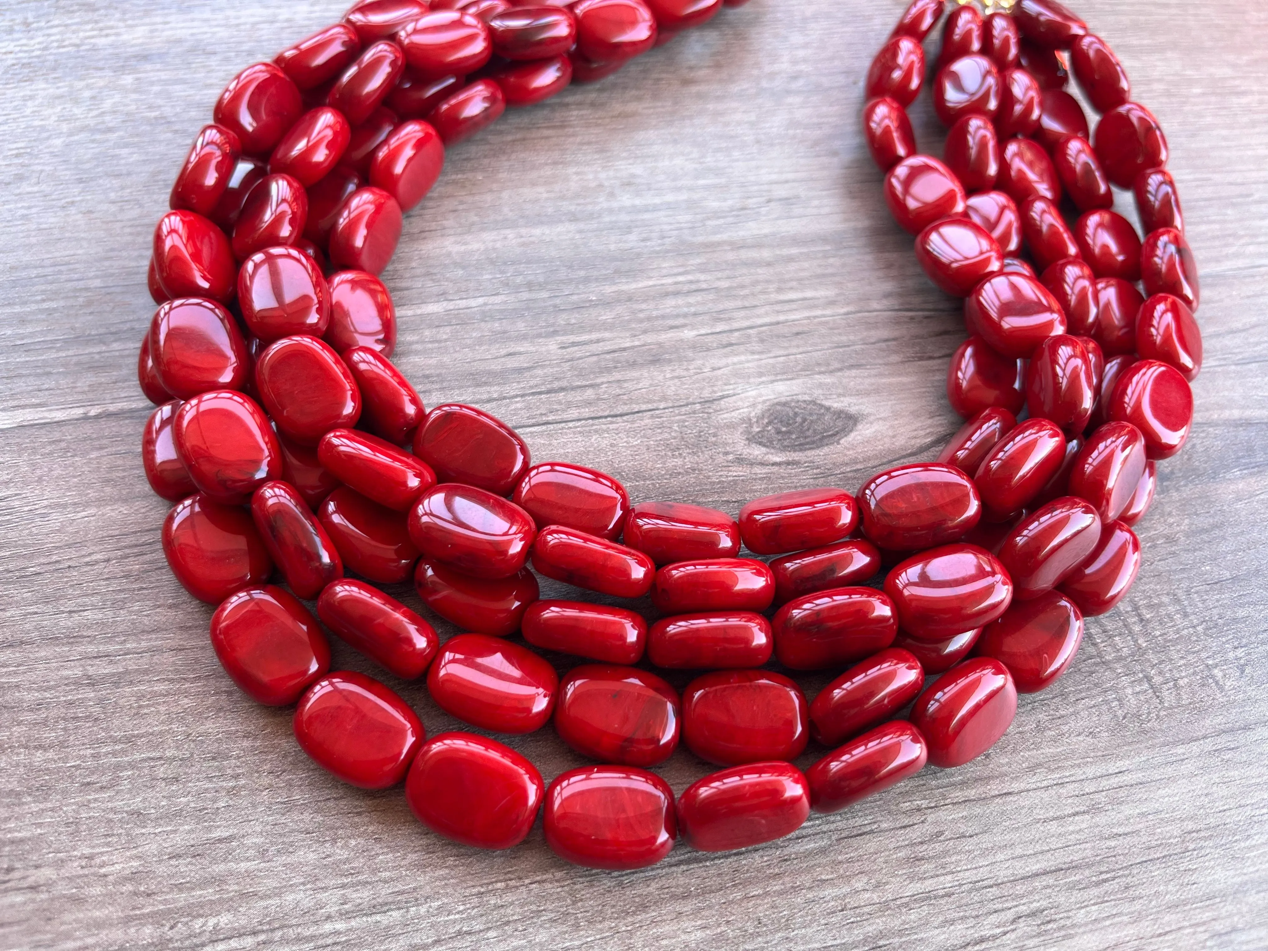 Red Beaded Lucite Big Chunky Multi Strand Statement Necklace - Lauren