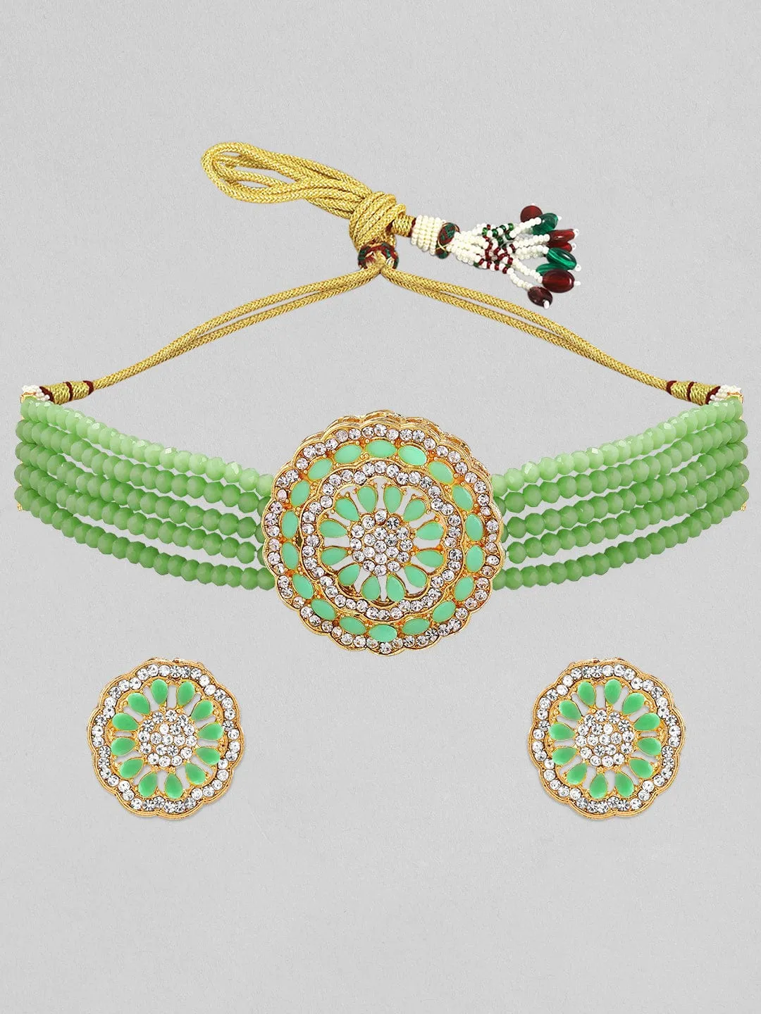 Rubans Gold-Plated & Green Emerald & AD-Studded Jewellery Set