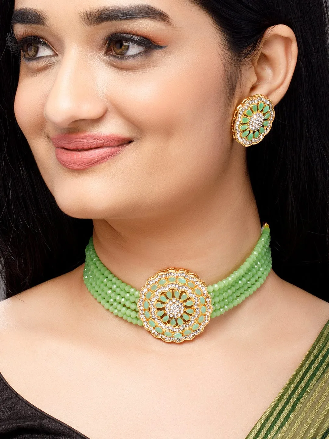 Rubans Gold-Plated & Green Emerald & AD-Studded Jewellery Set