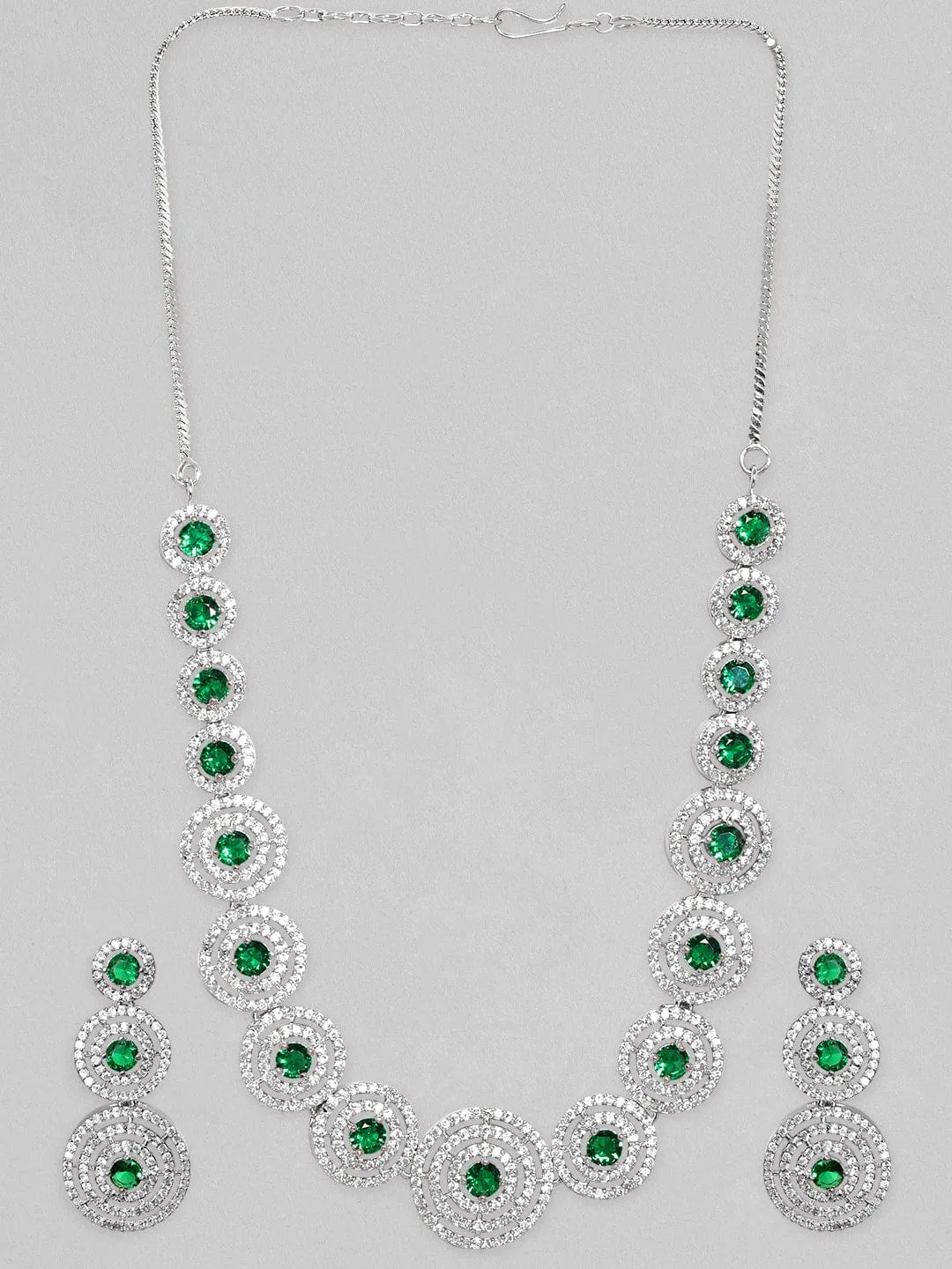 Rubans Rhodium Plated Emerald Green Zircons Studded Jewellery Set