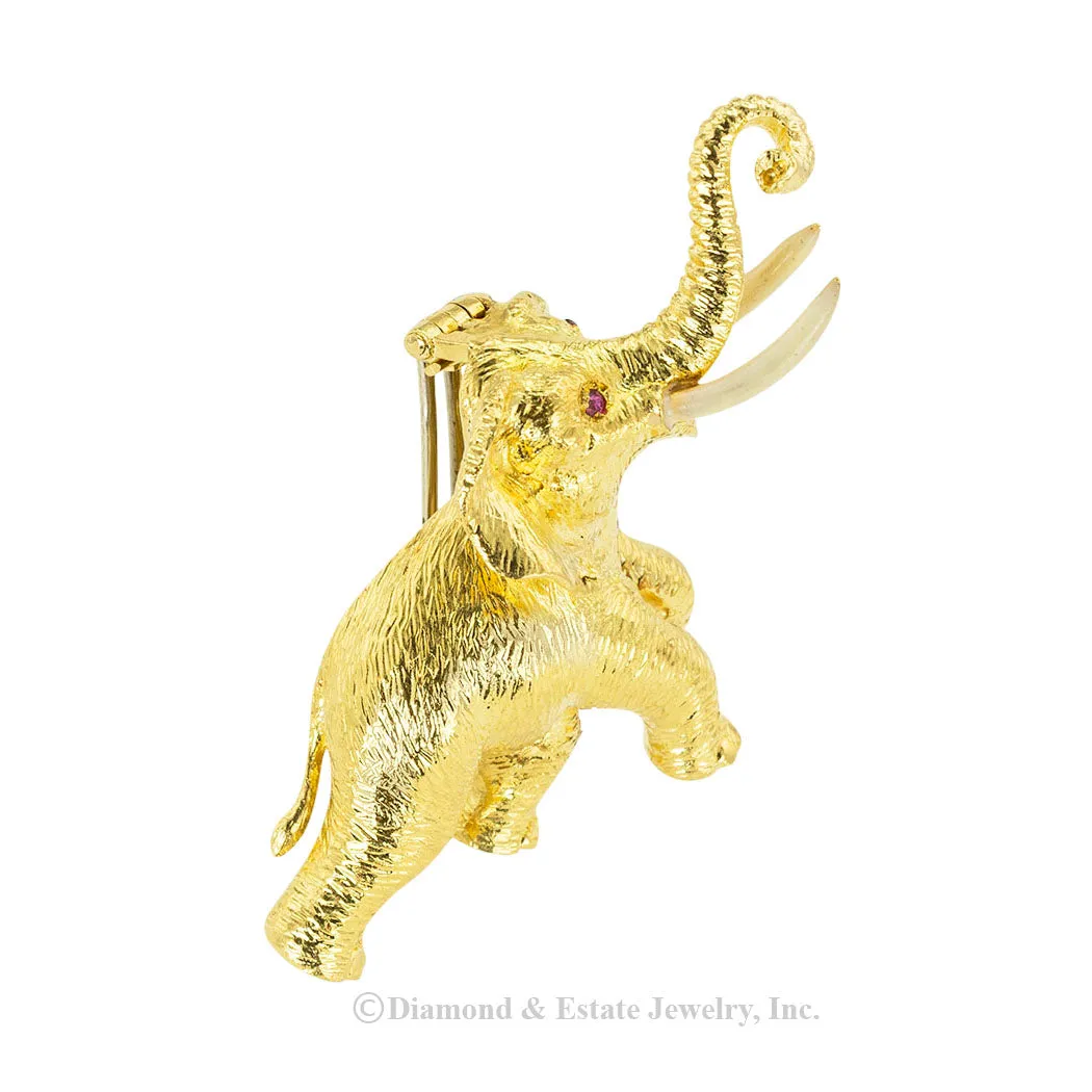 Ruby Enamel Yellow Gold Elephant Clip Brooch
