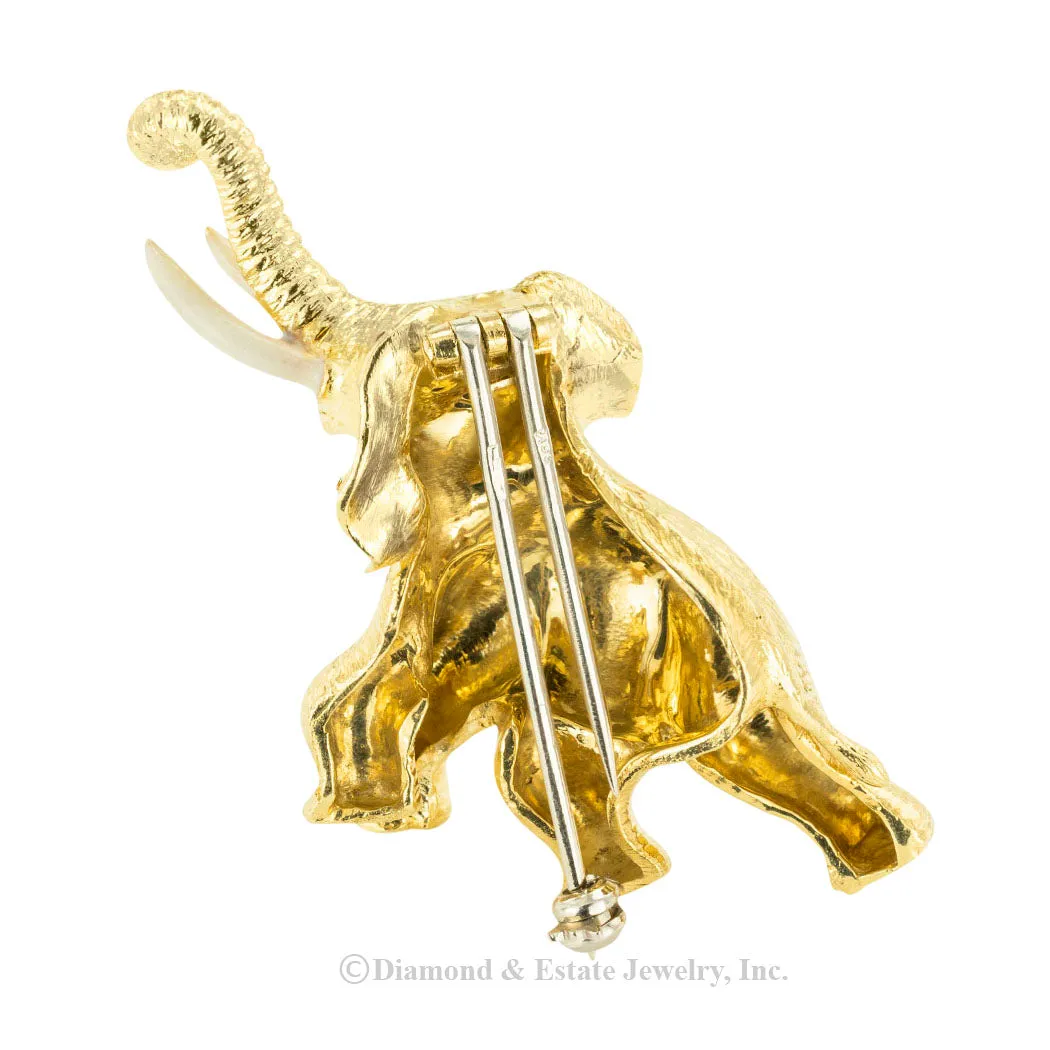 Ruby Enamel Yellow Gold Elephant Clip Brooch