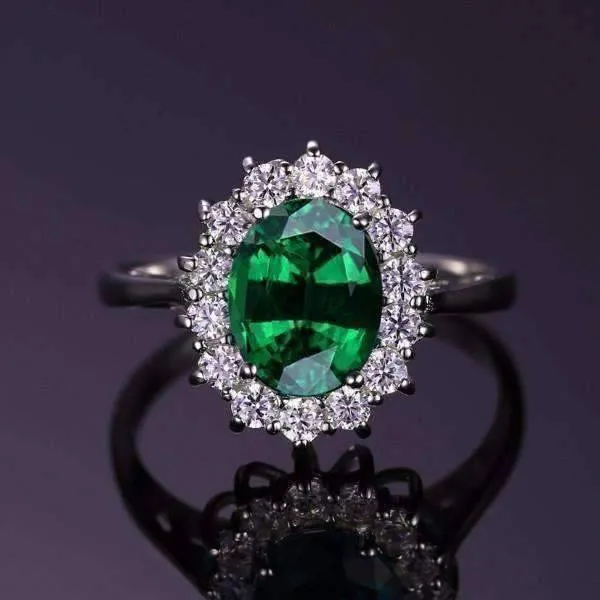 Russian Halo Oval Cut 2.5CT Nano Simulated Emerald IOBI Precious Gems Ring