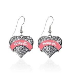Silver Coral Baby Sister Pave Heart Charm Dangle Earrings
