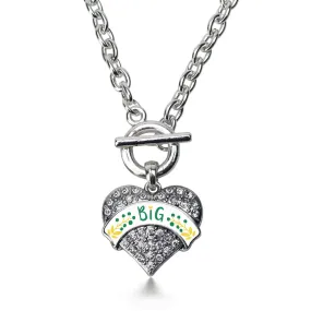 Silver Emerald Green and Canary Yellow Big Pave Heart Charm Toggle Necklace