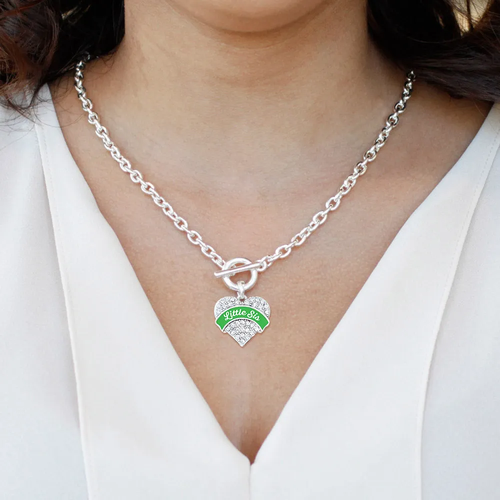 Silver Emerald Green Little Sister Pave Heart Charm Toggle Necklace