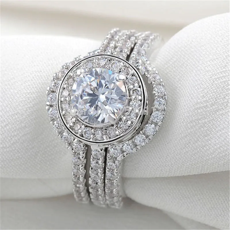 Silvery colored polished Hearts Arrows Micro-set Zircon Combination Rings for women