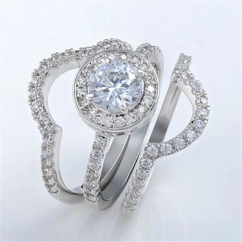 Silvery colored polished Hearts Arrows Micro-set Zircon Combination Rings for women