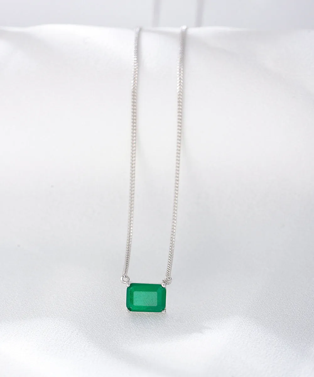 Single Emerald Colour Rectangle Zircon Pendant Silver Necklace for Women