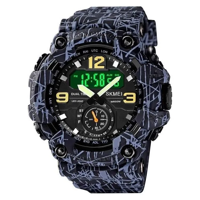 SKMEI 1637 3 Time Dual Display Analog LED Quartz Wristwatch w/ Shockproof for Men