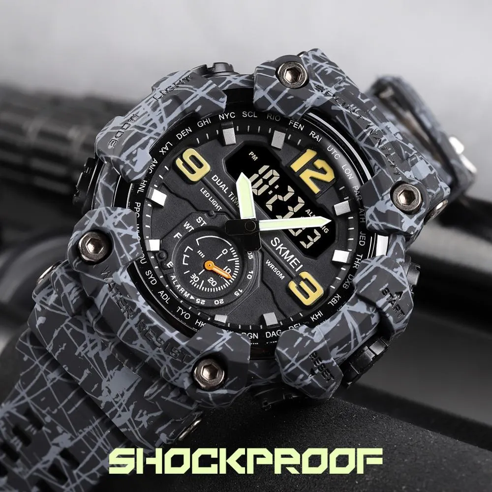SKMEI 1637 3 Time Dual Display Analog LED Quartz Wristwatch w/ Shockproof for Men