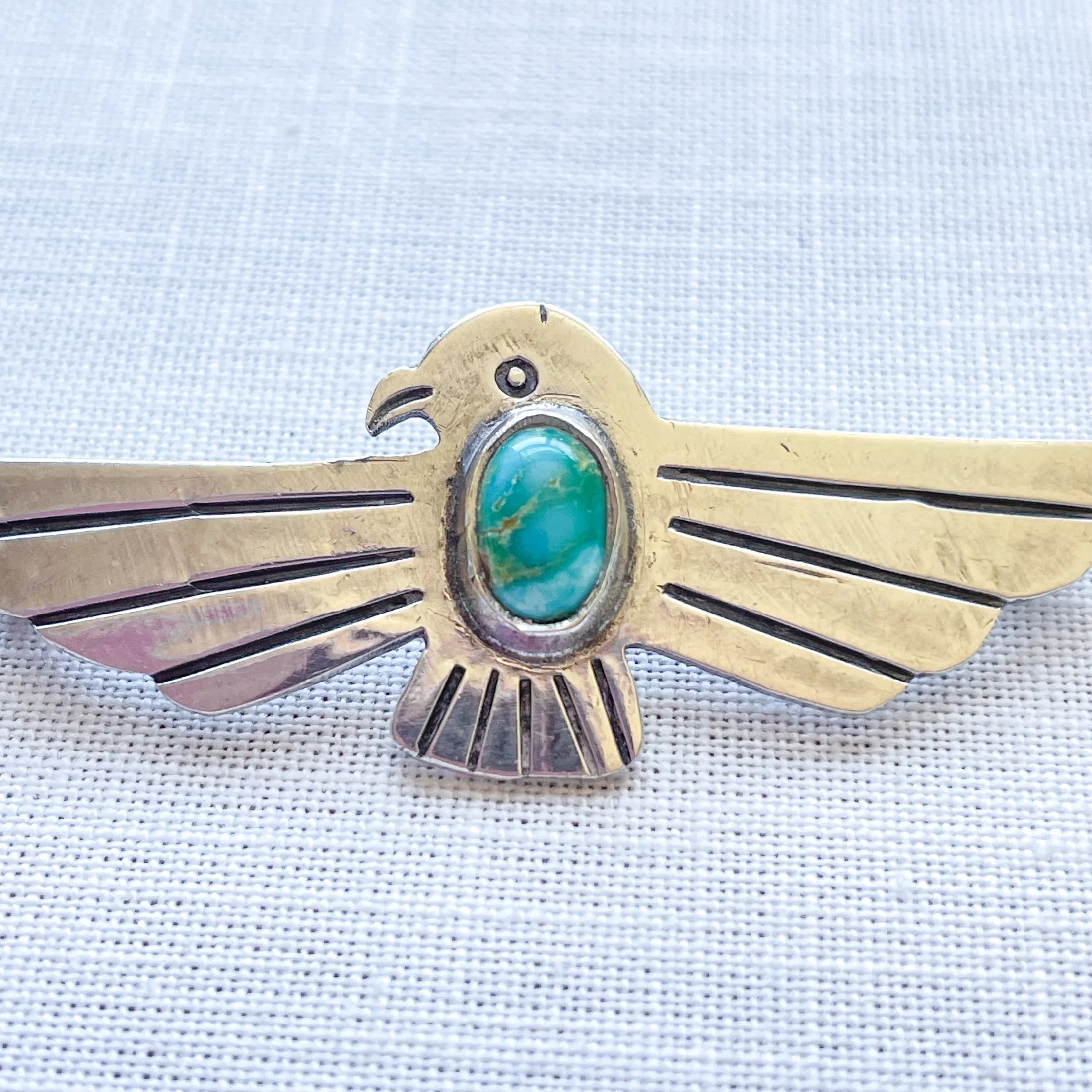 SOLD Vintage Sterling Silver Turquoise Thunderbird Brooch, Fred Harvey Era Pin 2 1/2" L