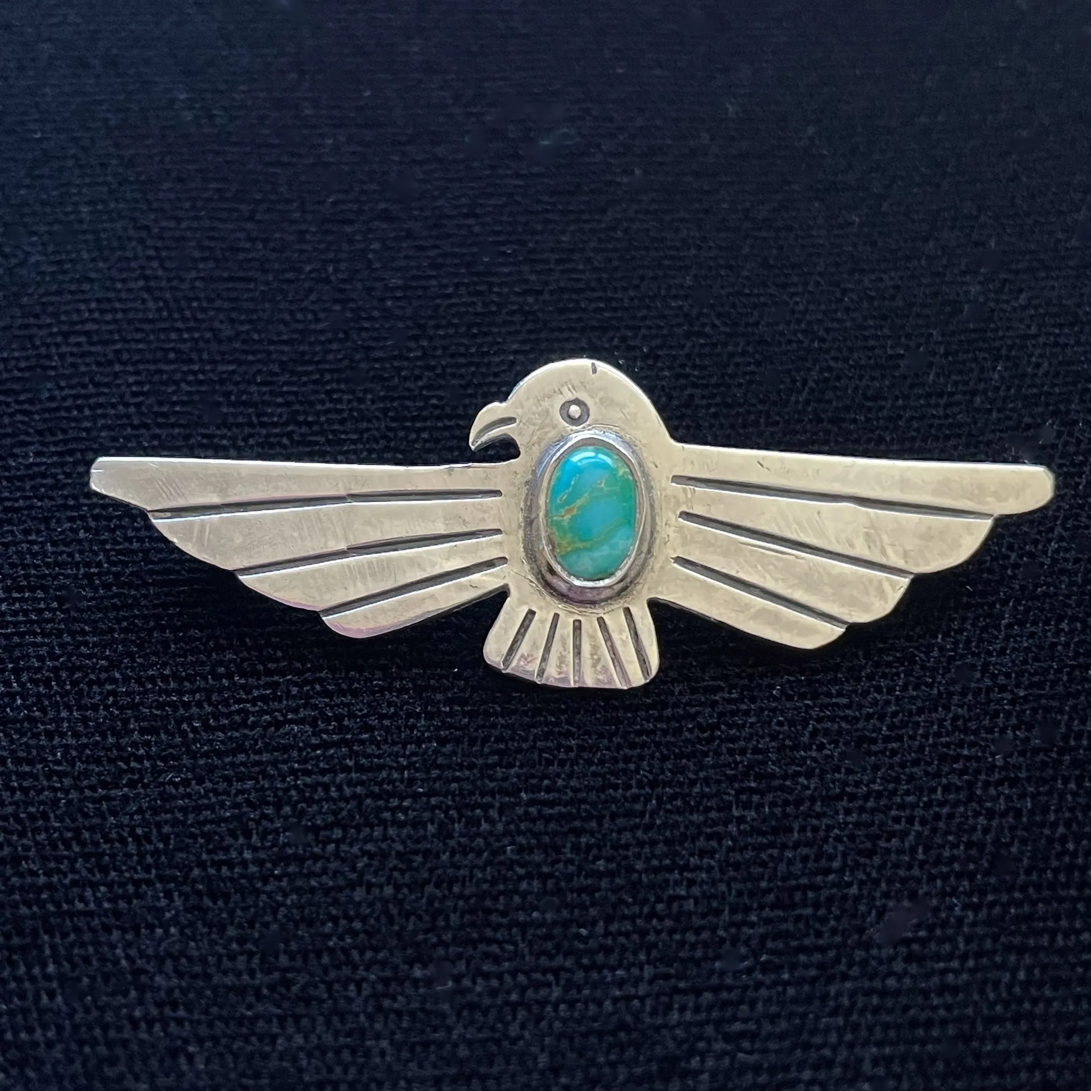 SOLD Vintage Sterling Silver Turquoise Thunderbird Brooch, Fred Harvey Era Pin 2 1/2" L