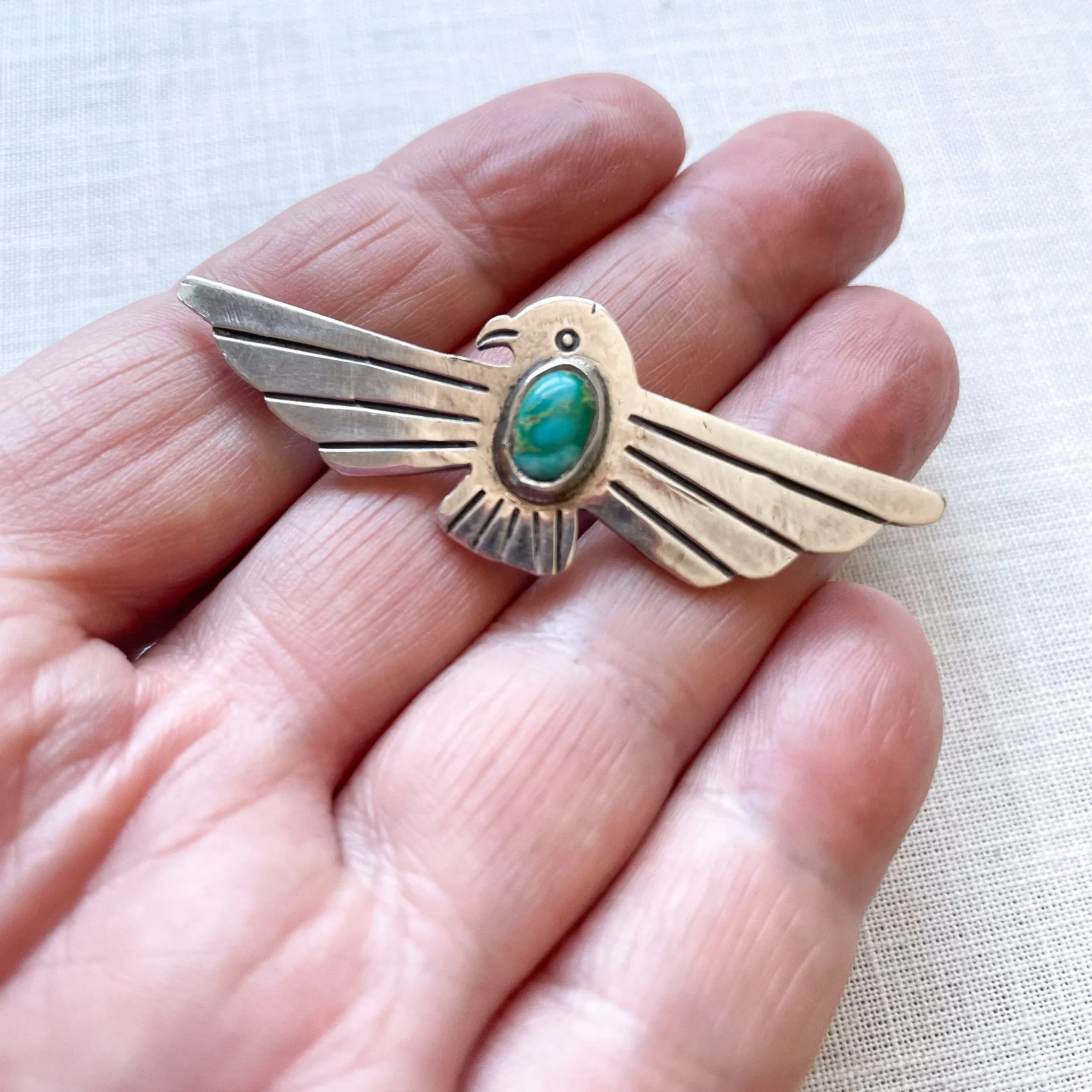 SOLD Vintage Sterling Silver Turquoise Thunderbird Brooch, Fred Harvey Era Pin 2 1/2" L