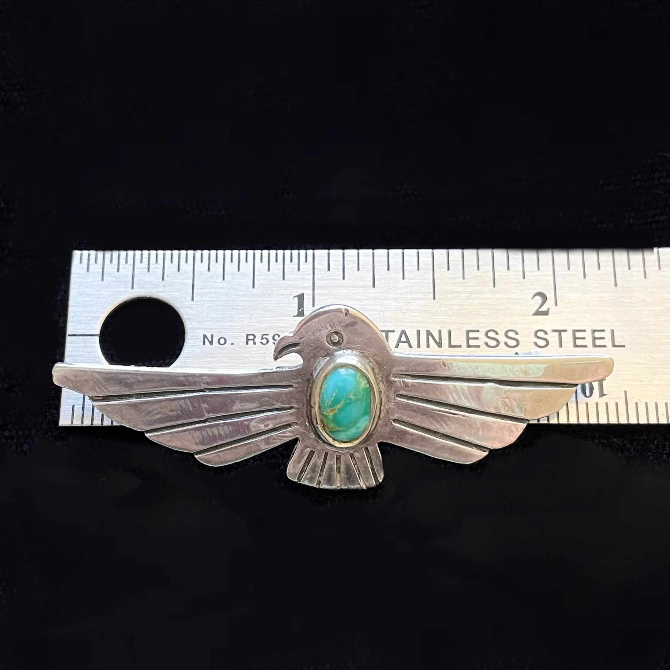 SOLD Vintage Sterling Silver Turquoise Thunderbird Brooch, Fred Harvey Era Pin 2 1/2" L