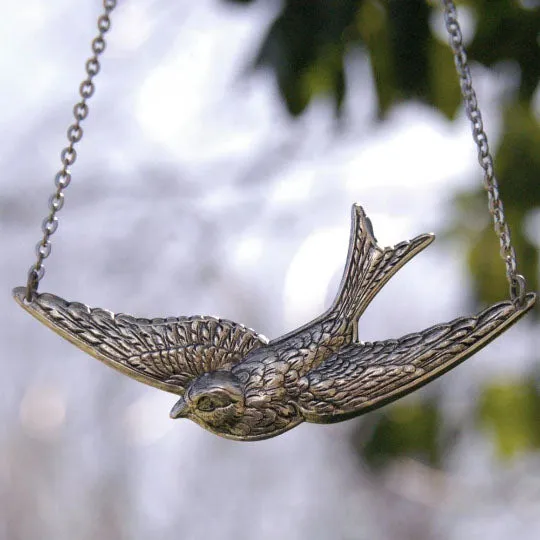 Sparrow In Flight Vintage Style Necklace available in Antiqued Brass or Silver