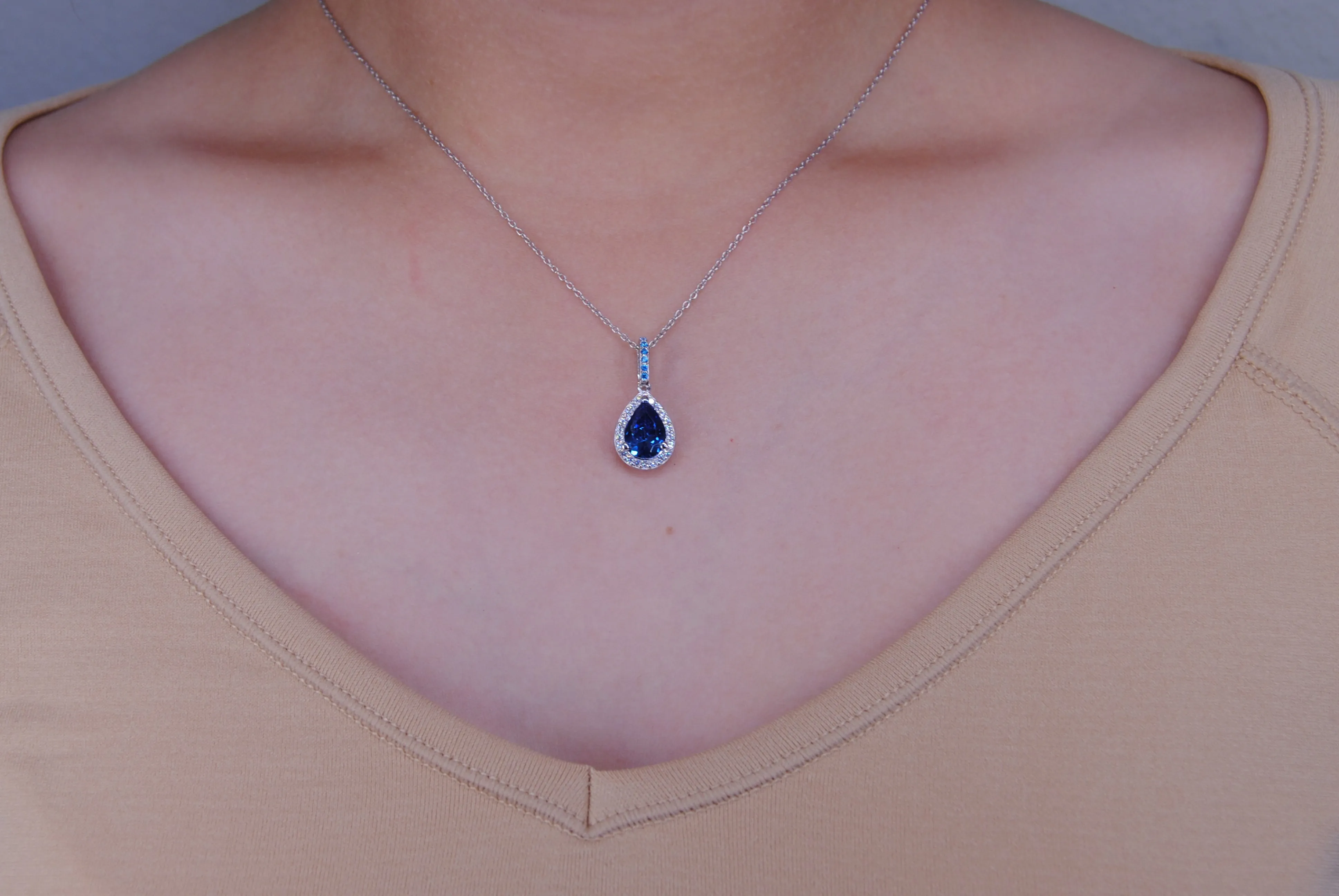Sterling Silver 925 Pear Swiss Blue Topaz Cubic Zirconia Pendant Necklace 18"