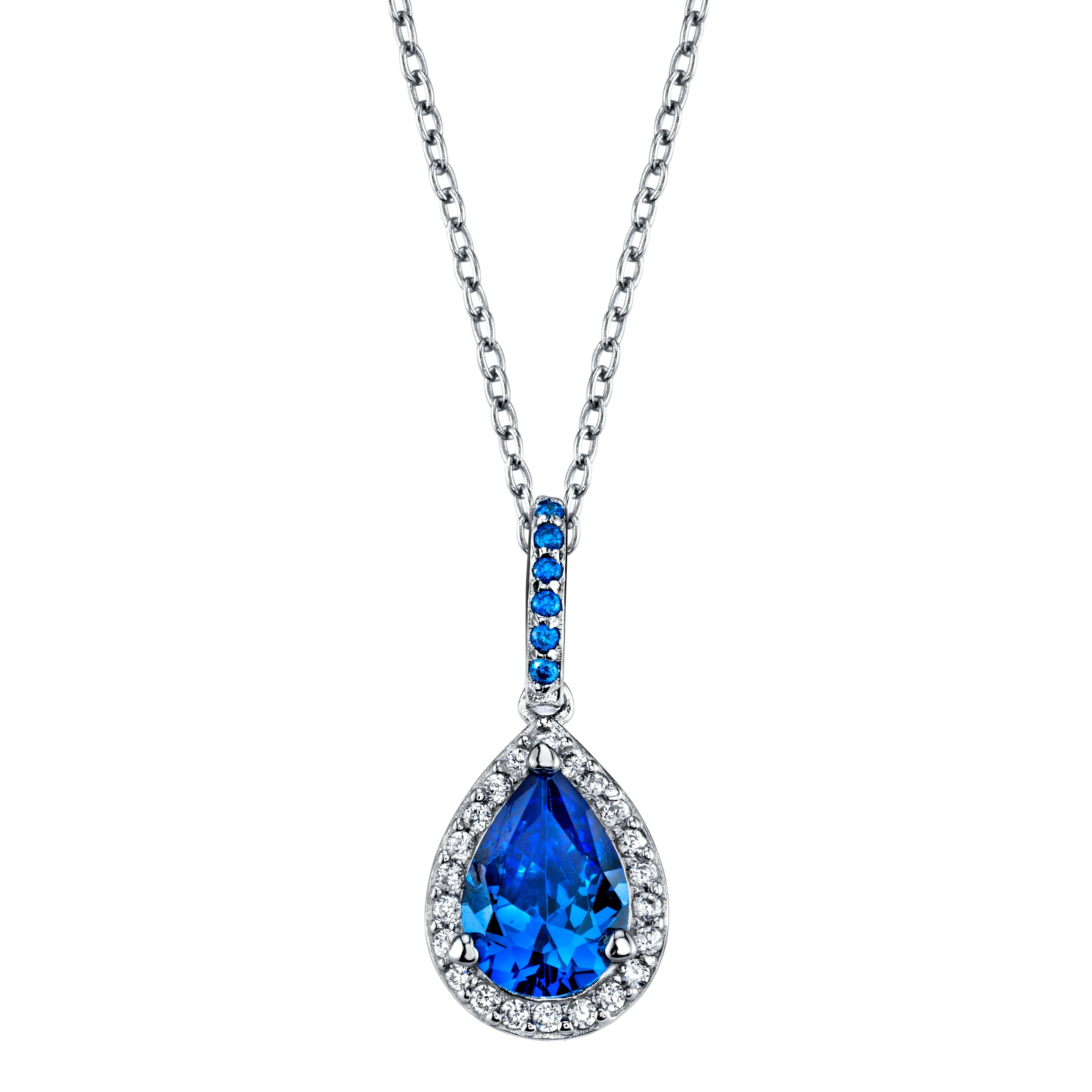 Sterling Silver 925 Pear Swiss Blue Topaz Cubic Zirconia Pendant Necklace 18"