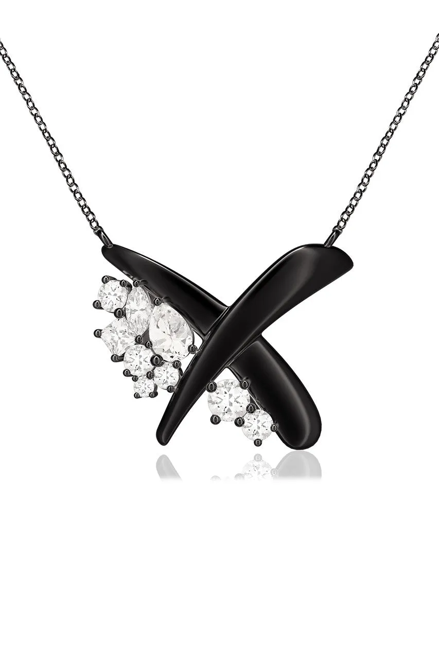 Sumi Stroke Midnight Silver Waterfall White Topaz Pendant Necklace