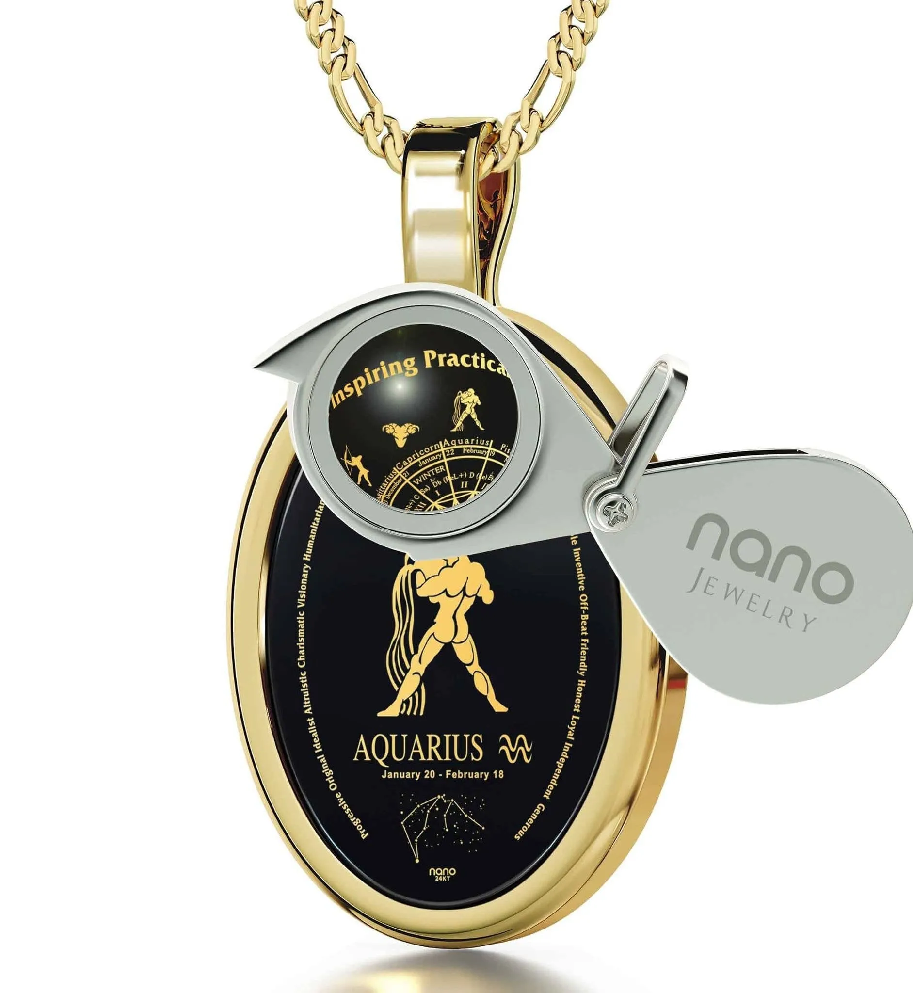 The World of Aquarius, Sterling Silver Gold Plated (Vermeil) Necklace, Onyx