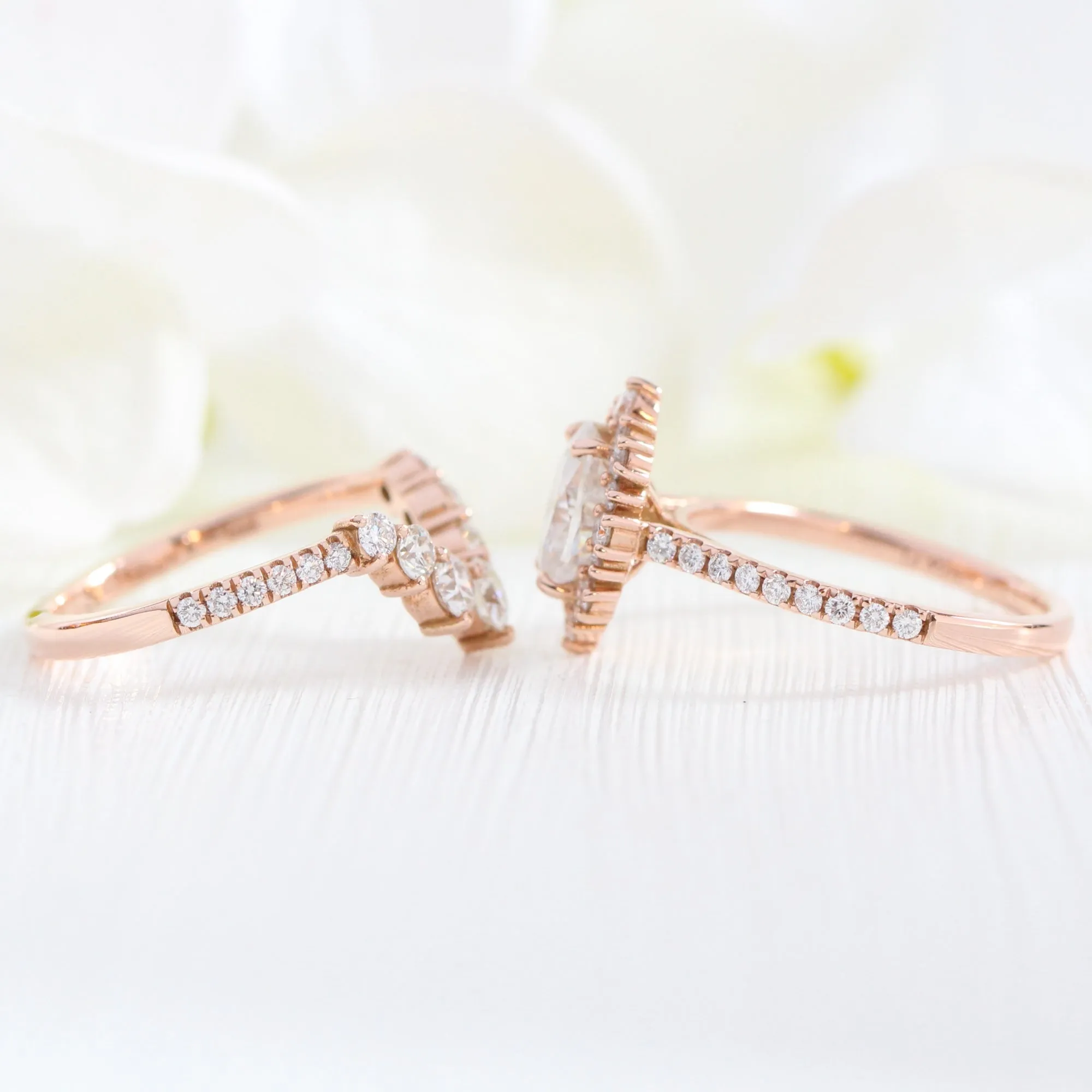 Tiara Halo Pave Ring Bridal Set w/ Oval Moissanite and Large 7 Diamond U Band
