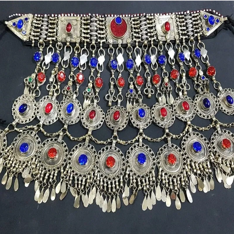 Tribal Blue and Red Glass Stones Dangling Choker