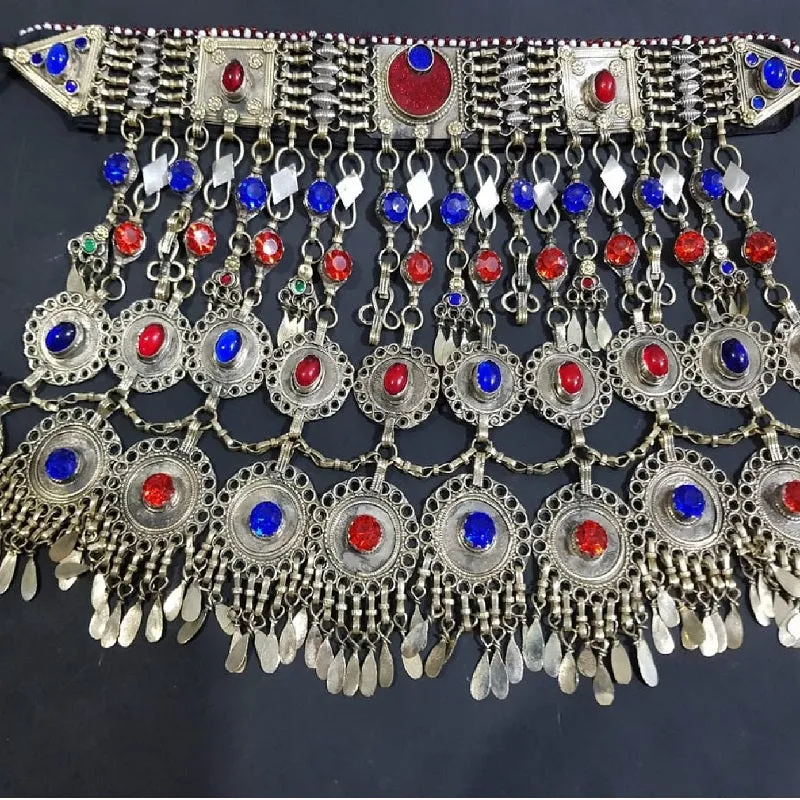Tribal Blue and Red Glass Stones Dangling Choker