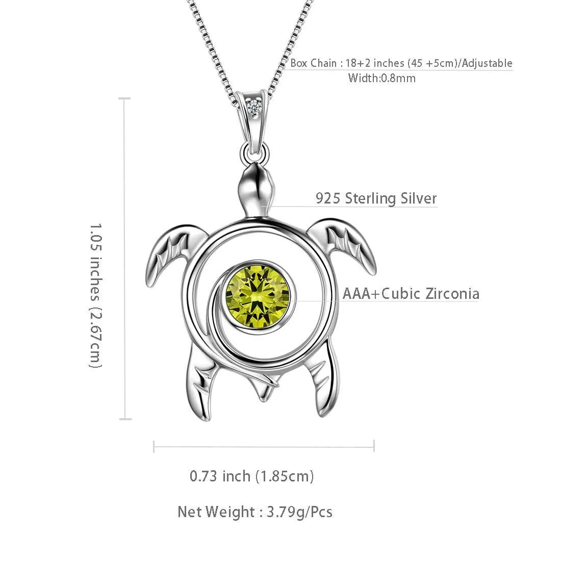 Turtle Birthstone August Peridot Necklace Pendant Women Girls Jewelry Birthday Gift