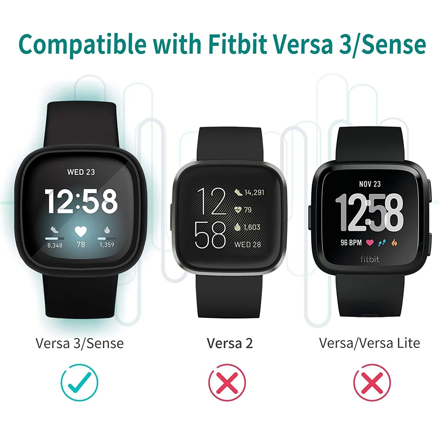 Ultra-Thin Glass Screen Protector Compatible With Fitbit Versa 3/Sense Soft Protective Case All-Around Full Cover Bumper Shell
