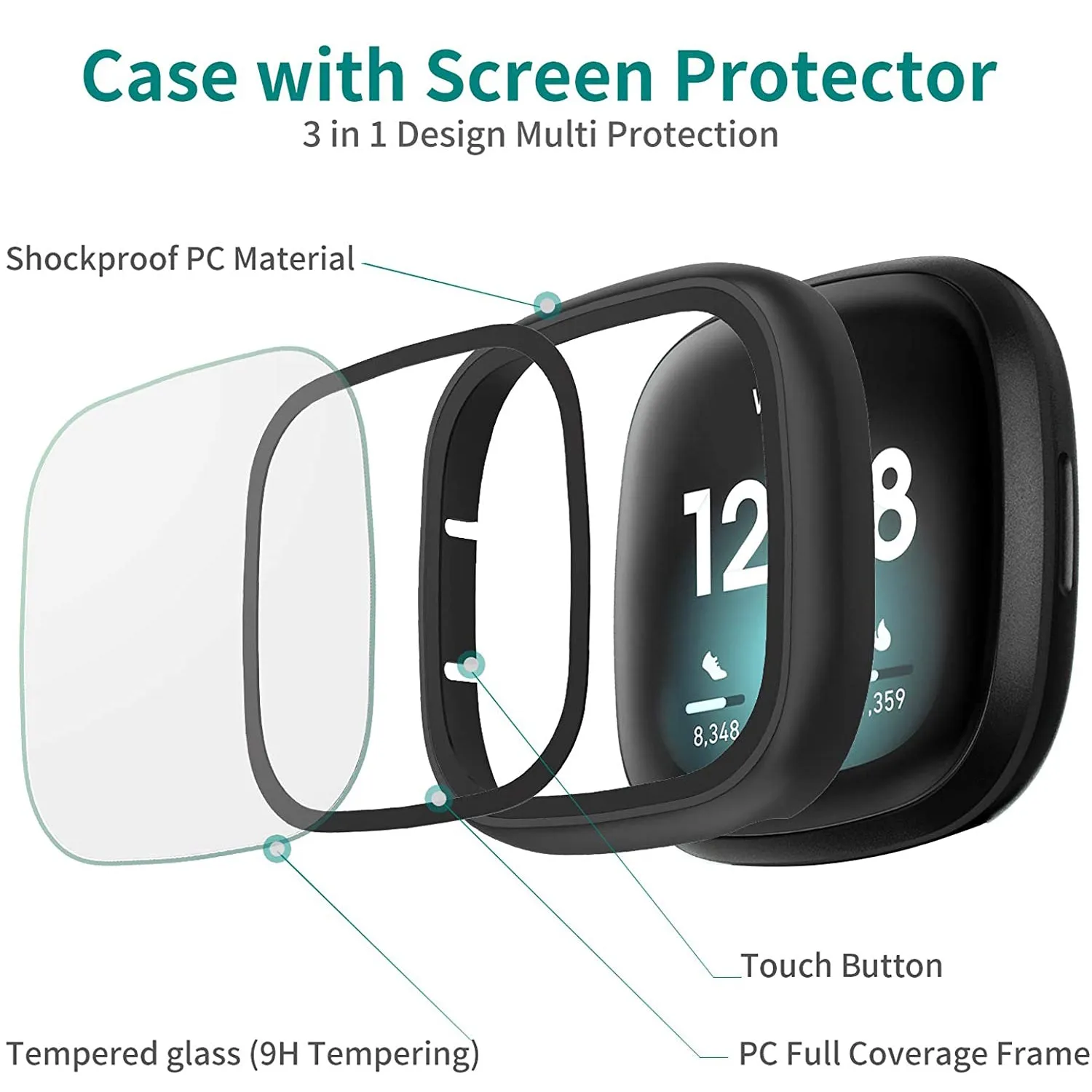 Ultra-Thin Glass Screen Protector Compatible With Fitbit Versa 3/Sense Soft Protective Case All-Around Full Cover Bumper Shell