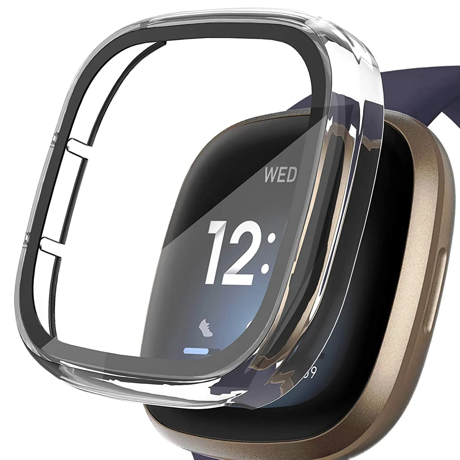 Ultra-Thin Glass Screen Protector Compatible With Fitbit Versa 3/Sense Soft Protective Case All-Around Full Cover Bumper Shell