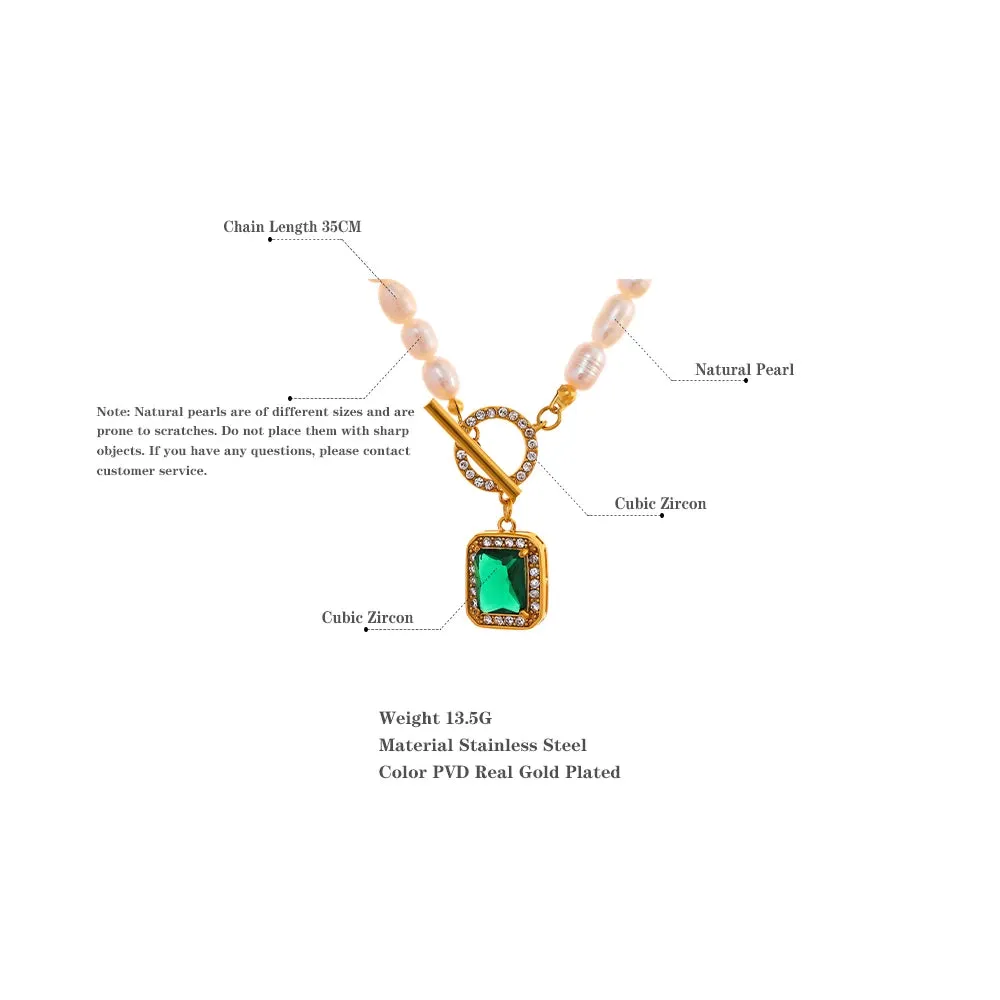 VAIGE Elegant Emerald Green Freshwater Pearl & Gold Toggle Necklace