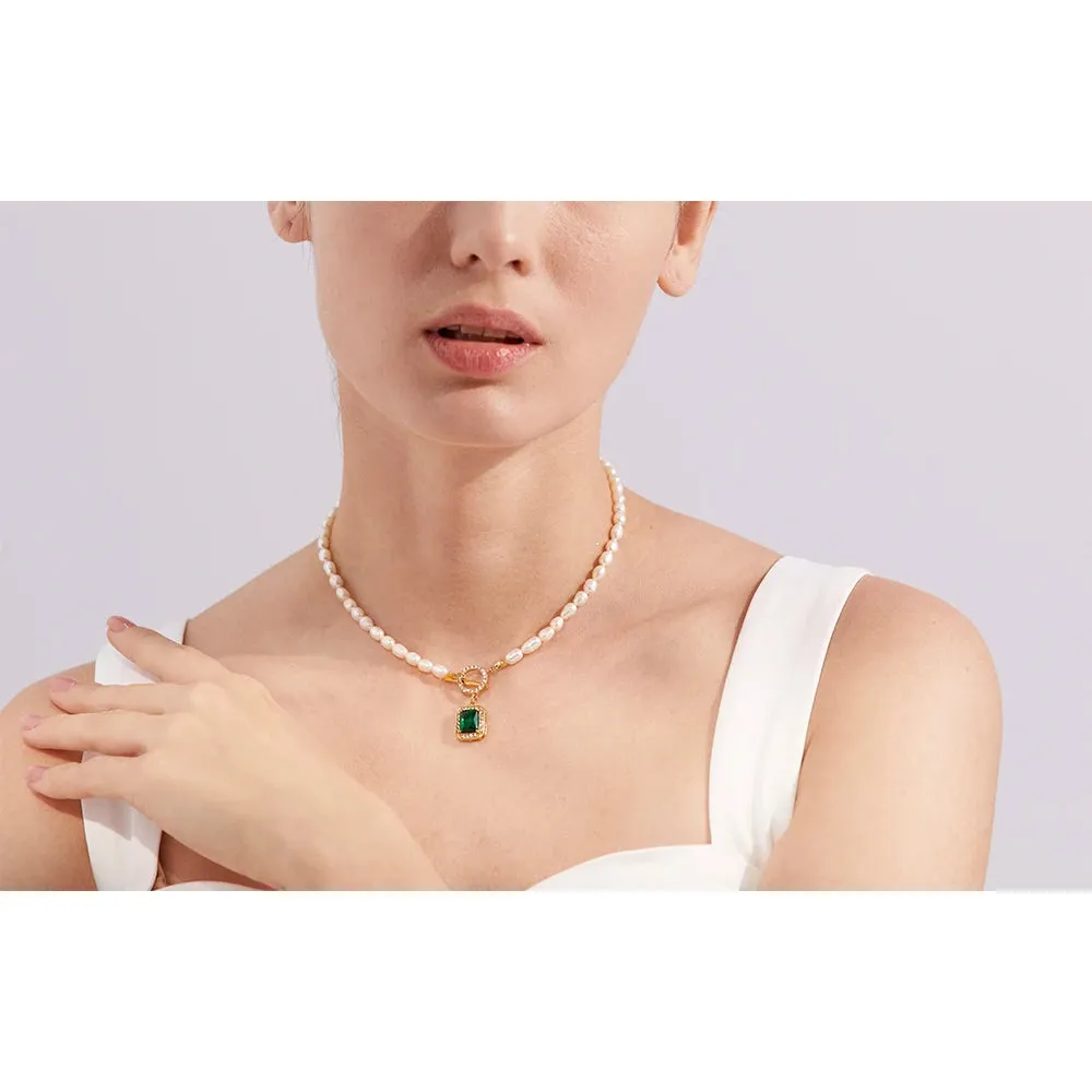 VAIGE Elegant Emerald Green Freshwater Pearl & Gold Toggle Necklace