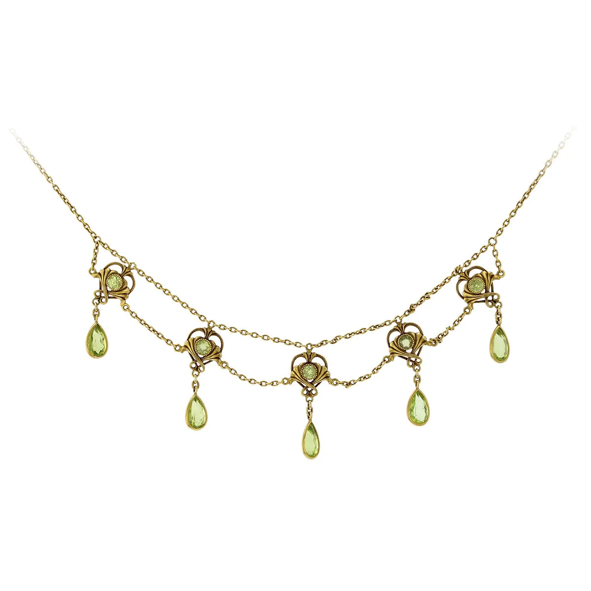 Victorian Yellow Gold Peridot Drop Station Necklace