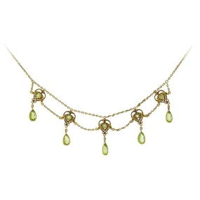 Victorian Yellow Gold Peridot Drop Station Necklace