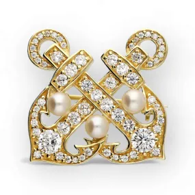 Vintage-Style Double Anchor Brooch with Freshwater Pearls - Sterling Silver & 18 Carat Gold