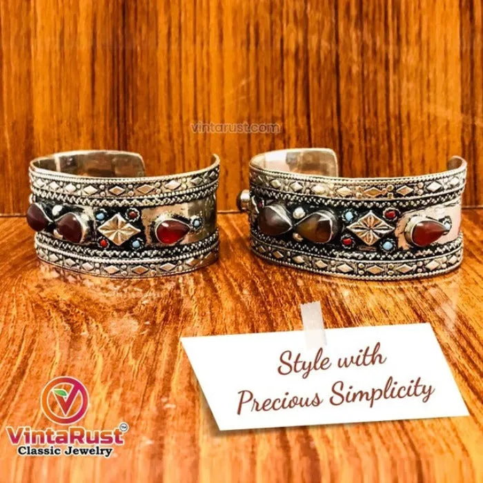 Vintage Tribal Boho Cuff inlaid With Brown Stones